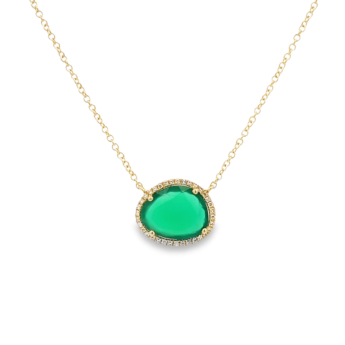 14K GOLD IRREGULAR GREEN ONIX WITH HALO NECKLACE
