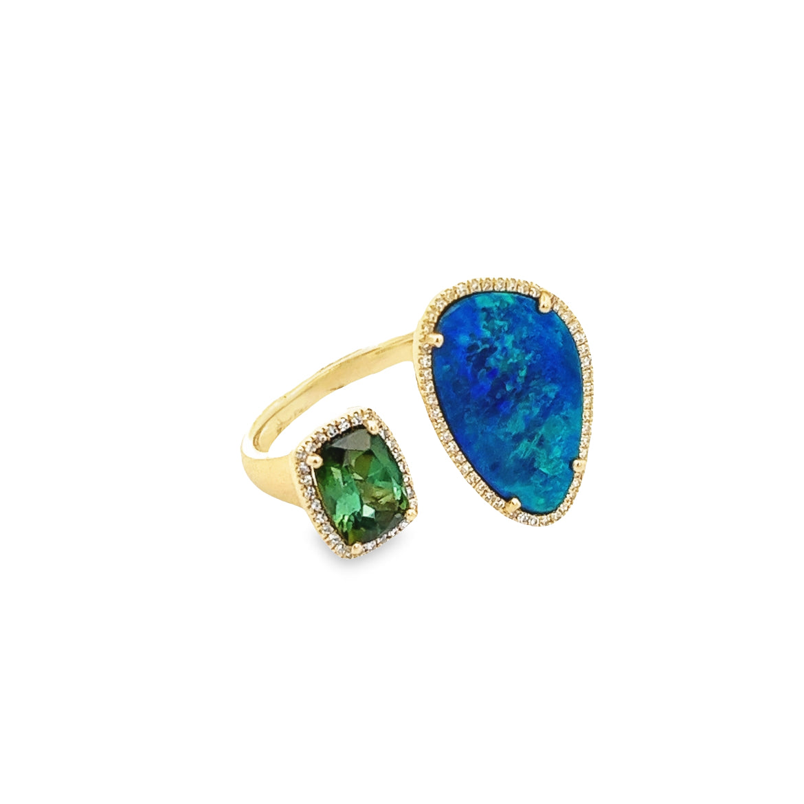 14K GOLD OPAL AND TURMALINE RING WITH HALO