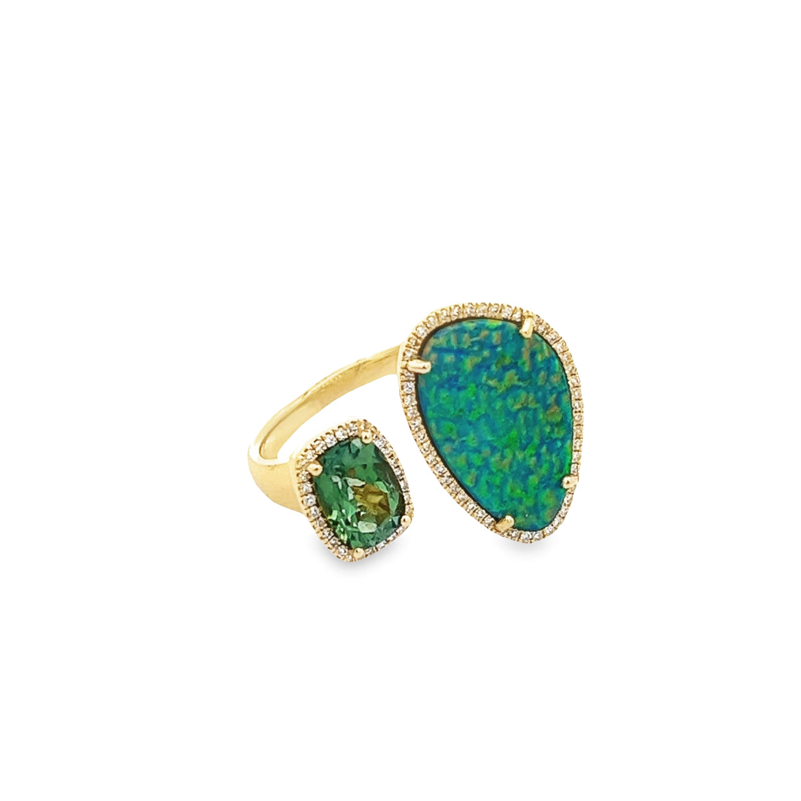 14K GOLD OPAL AND TURMALINE RING WITH HALO