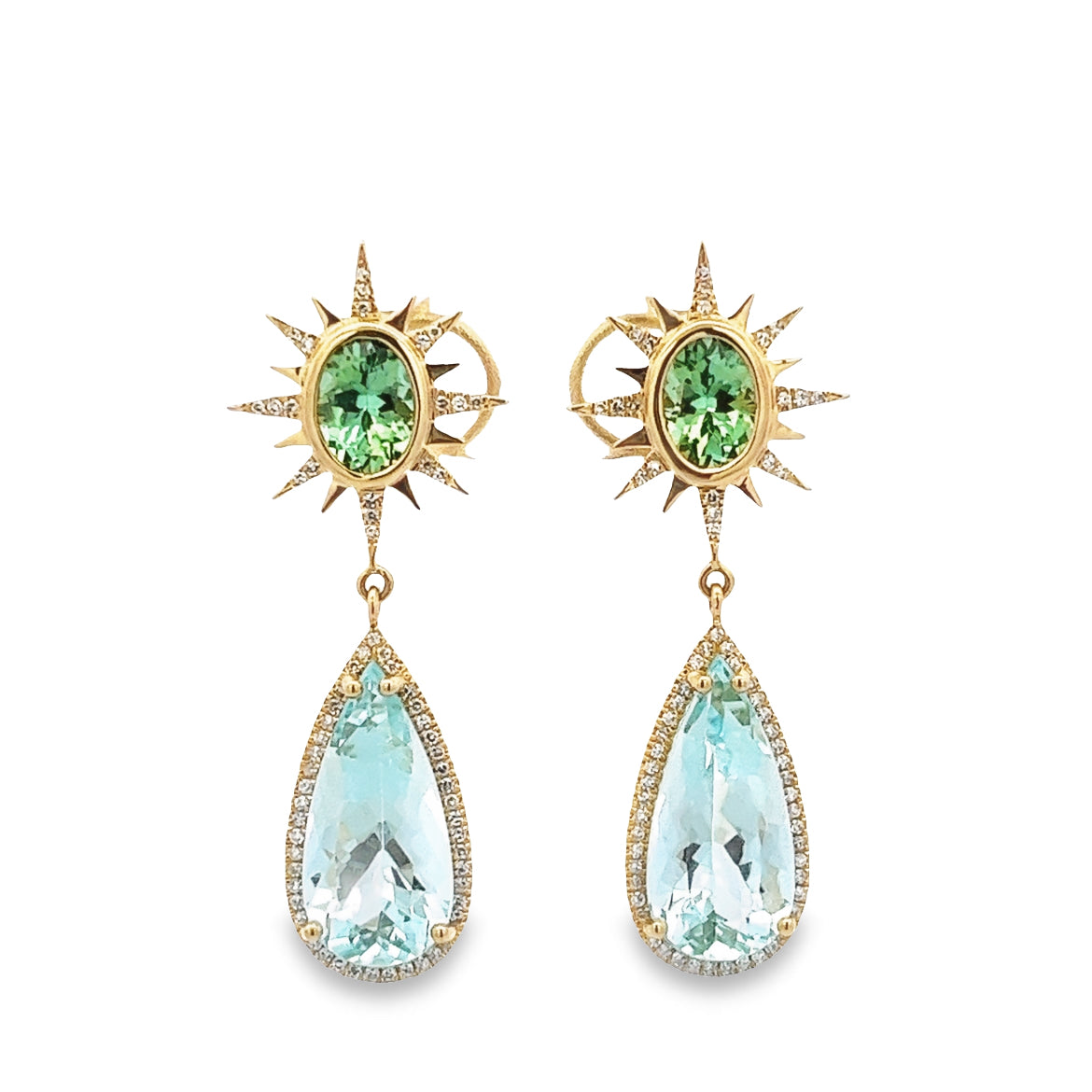 14K GOLD LONG EARRINGS WITH TOURMALINE AND AQUAMARINE