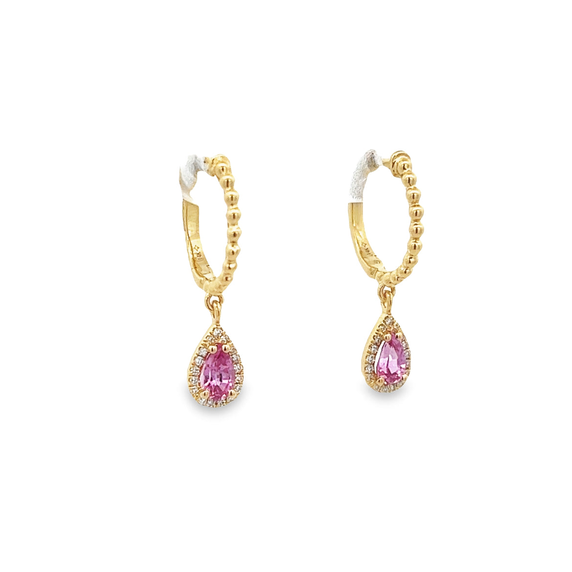 14K GOLD PINK SAPHIRE PEAR CUT WITH HALO EARRINGS