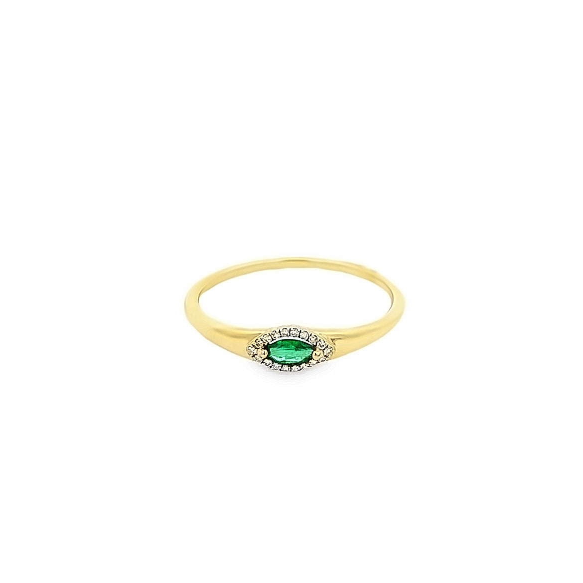 EMERALD MARUISE RING WITH DIAMOND HALO SET IN 14K YELLOW GOLD