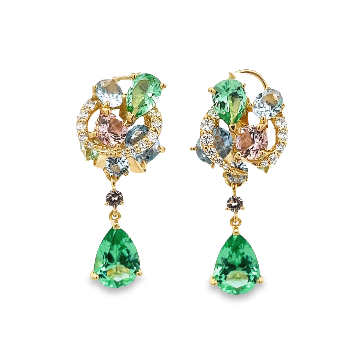 925 SIVER GOLD PLATED EARRINGS WITH TOURMALINE AND GREEN AQUABLUE MAGANITE PINK