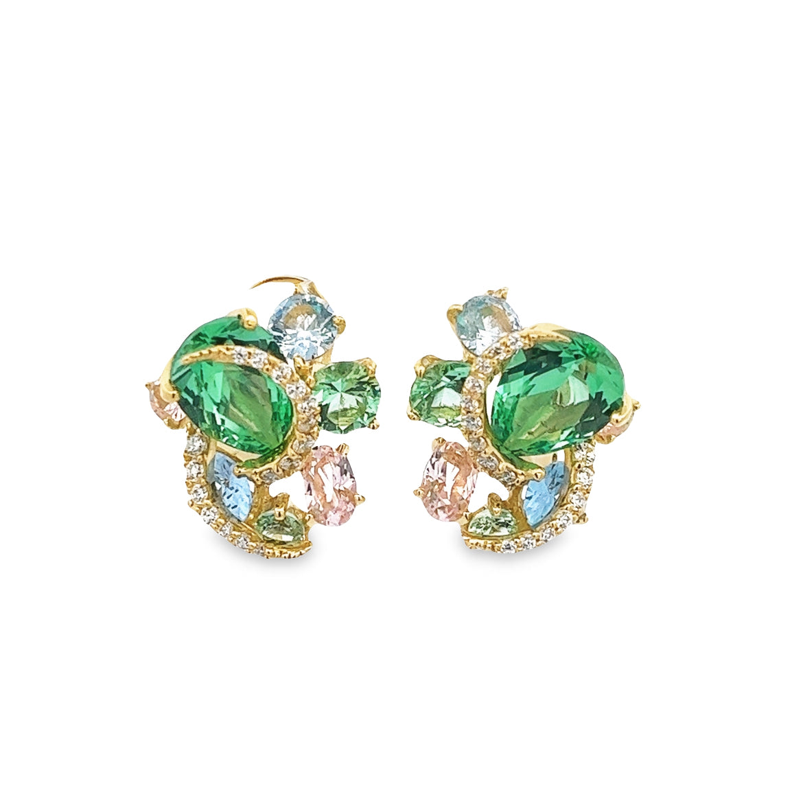 925 SILVER GOLD PLATED EARRINGS SILVER WITH TOURMALINE GREEN AND AQUABLUE MAGANITE PINK