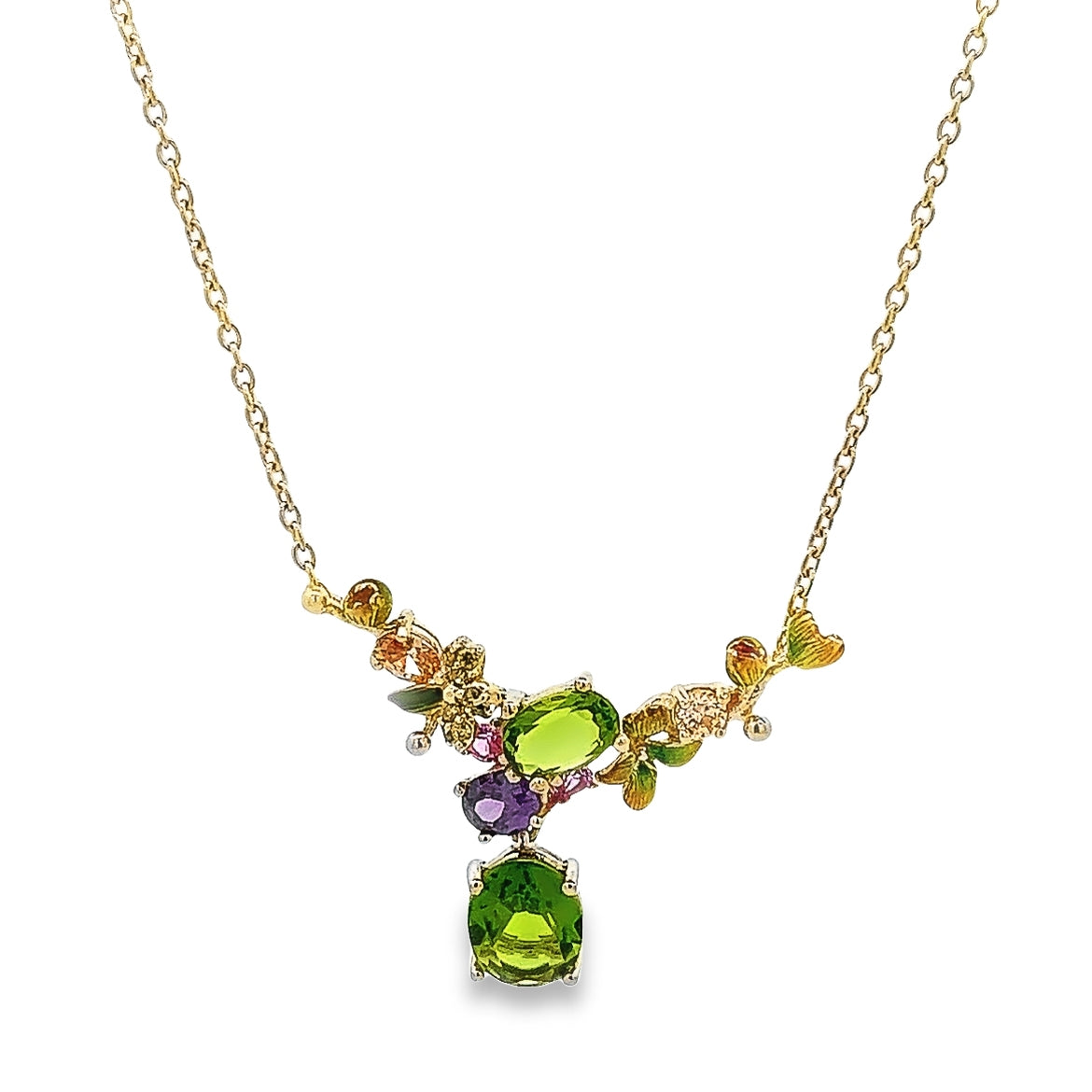 925 SILVER GOLD PLATED WITH PERIDOT AND AMETHYST CRYSTALS NECKLACE