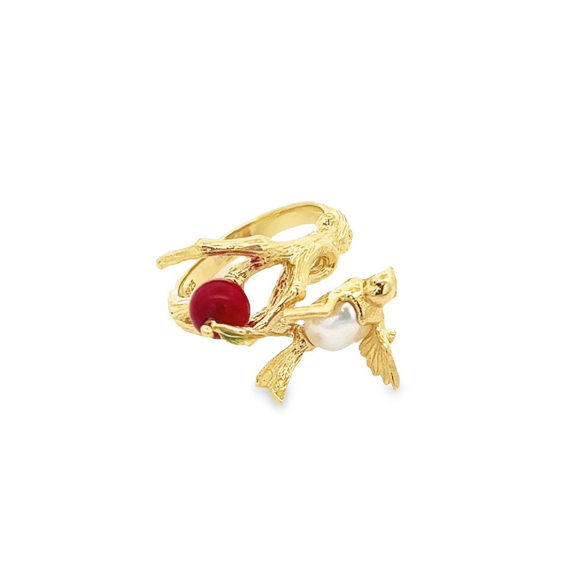 925 SILVER GOLD PLATED BIRD RING WITH PEARL