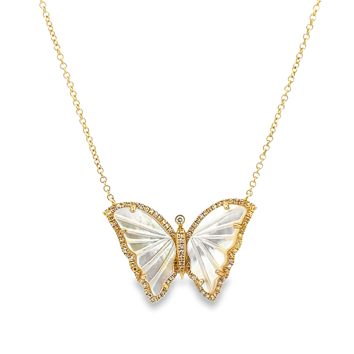 14K GOLD CARVED WHITE MOTHER OF PEARL DIAMOND BUTTERFLY NECKLACE