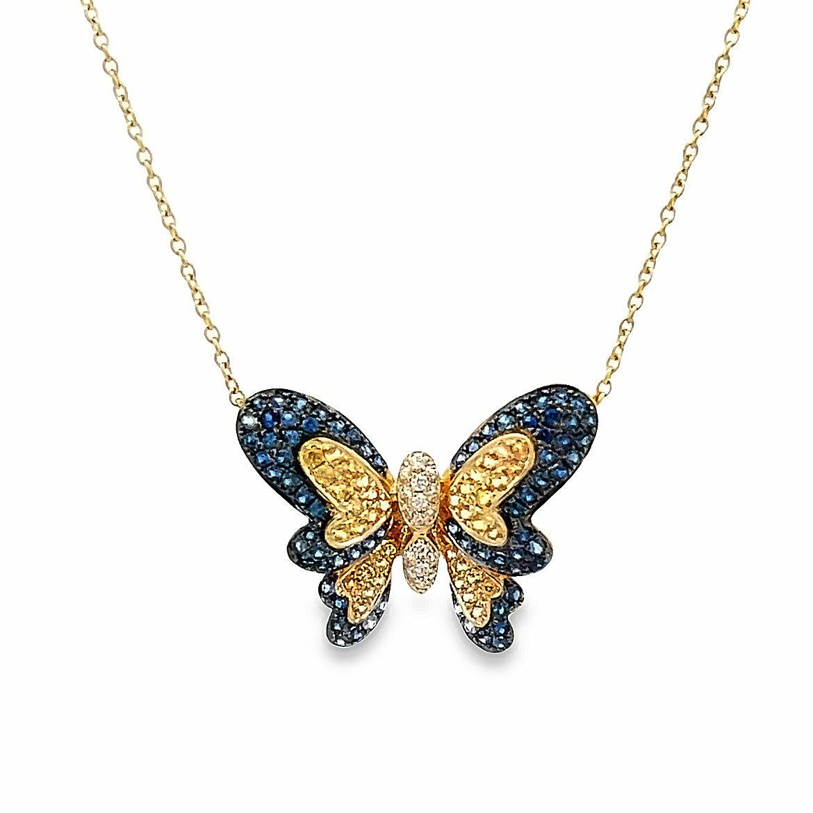 18K GOLD BUTTERFLY NECKLACE WITH YELLOW AND BLUE SAPPHIRE