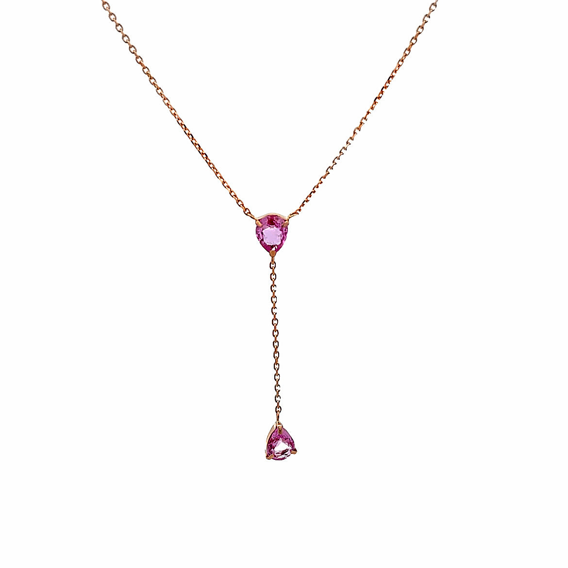 18K ROSE GOLD DIAMOND LARIAT PEAR CUT NECKLACE WITH PINK SAPPHIRE