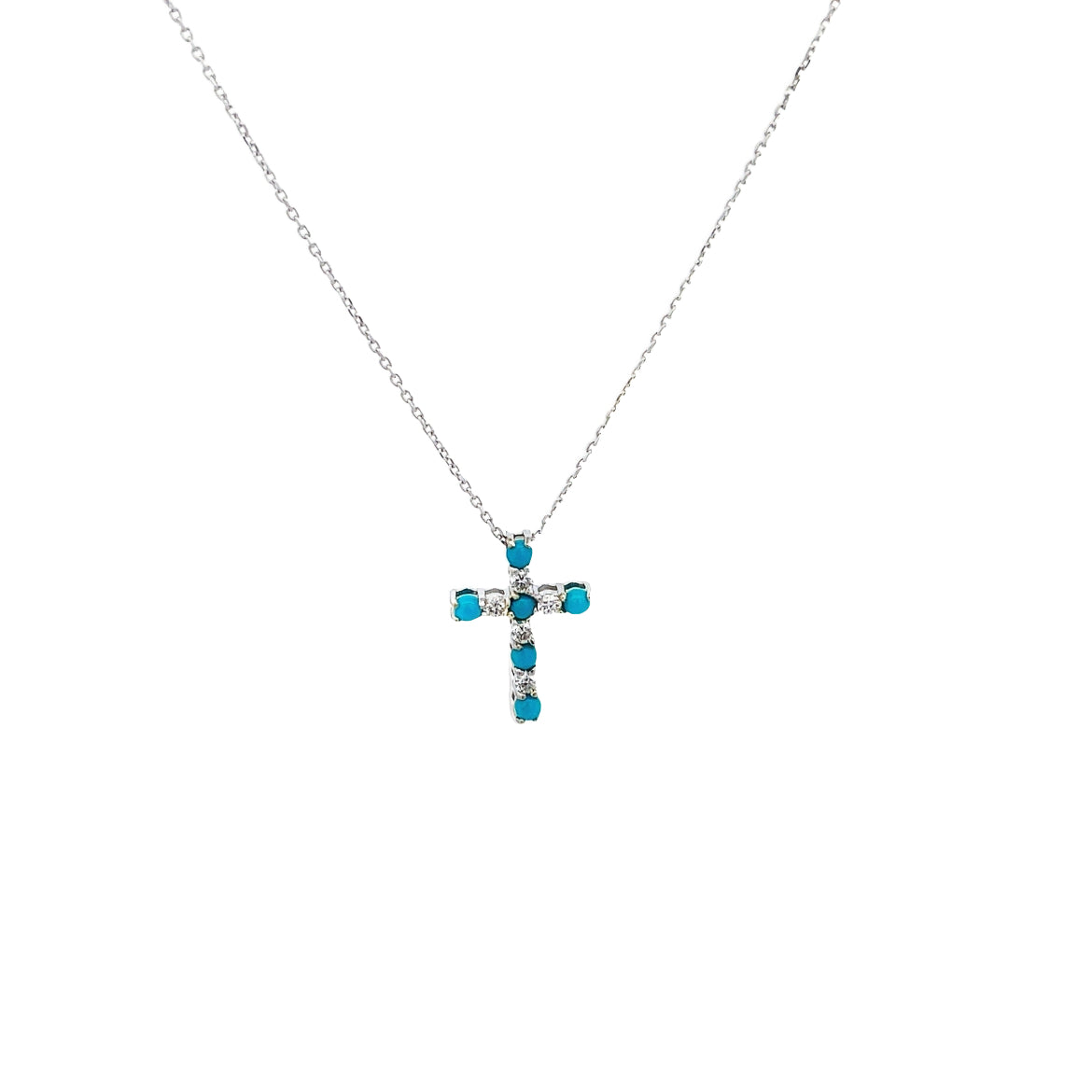 18K WHITE GOLD DIAMOND CROSS NECKLACE WITH TURQUOISE