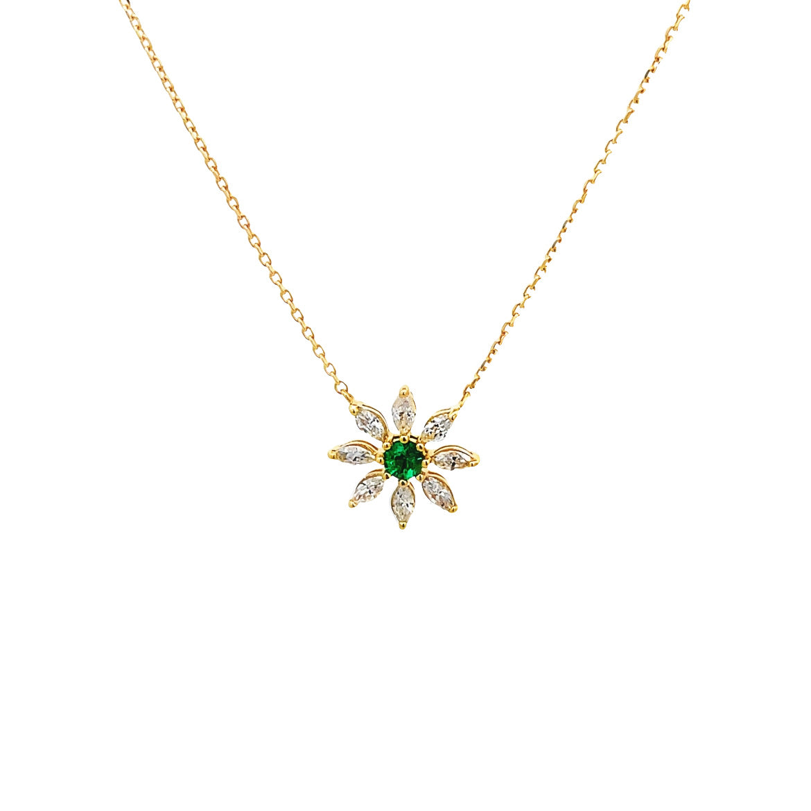 18K GOLD DIAMOND FLOWER NECKLACE WITH EMERALD