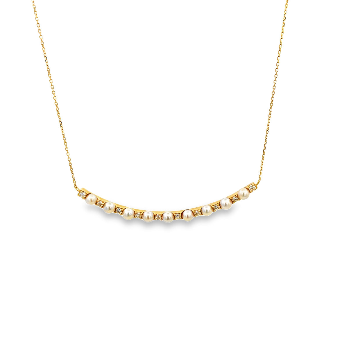18K GOLD DIAMOND CURVED BAR WITH PEARLS NECKLACE