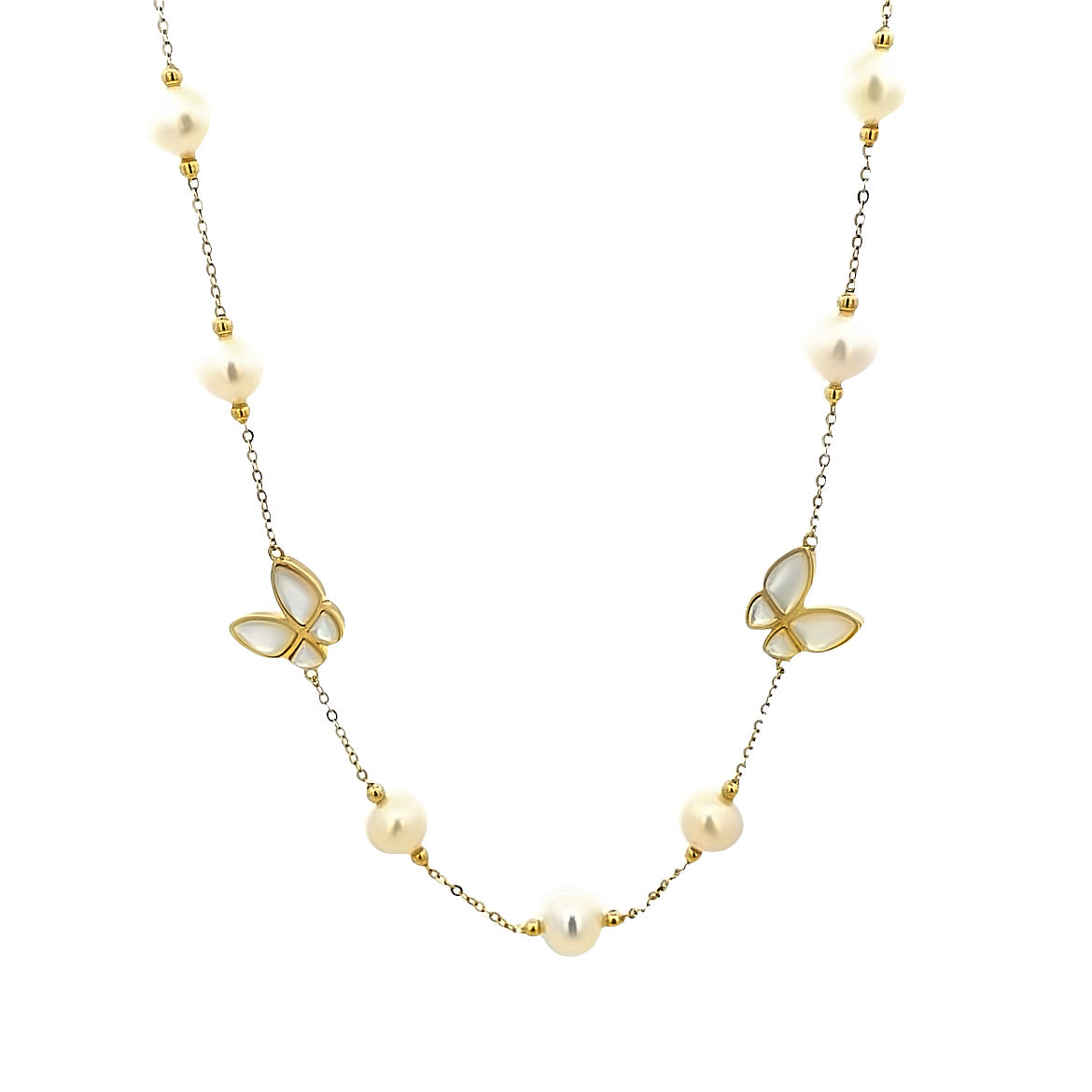 18K GOLD BUTTERFLY NECKLACE WITH MOTHER OF PEARL AND PEARLS