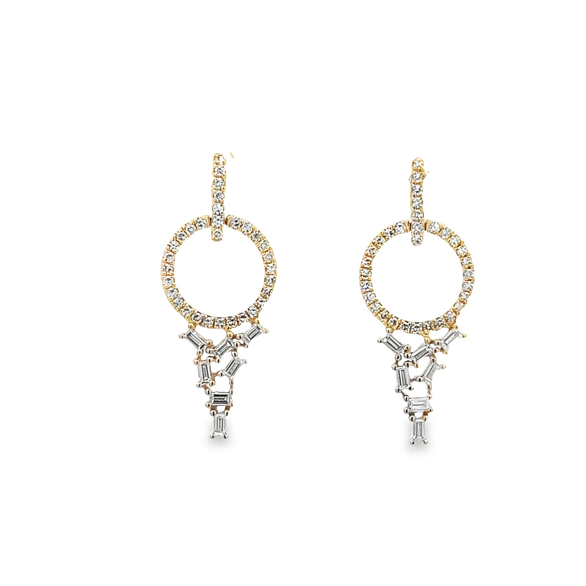 14K GOLD CIRCLES LARIAT EARRINGS WITH BAGUETTE DIAMOND