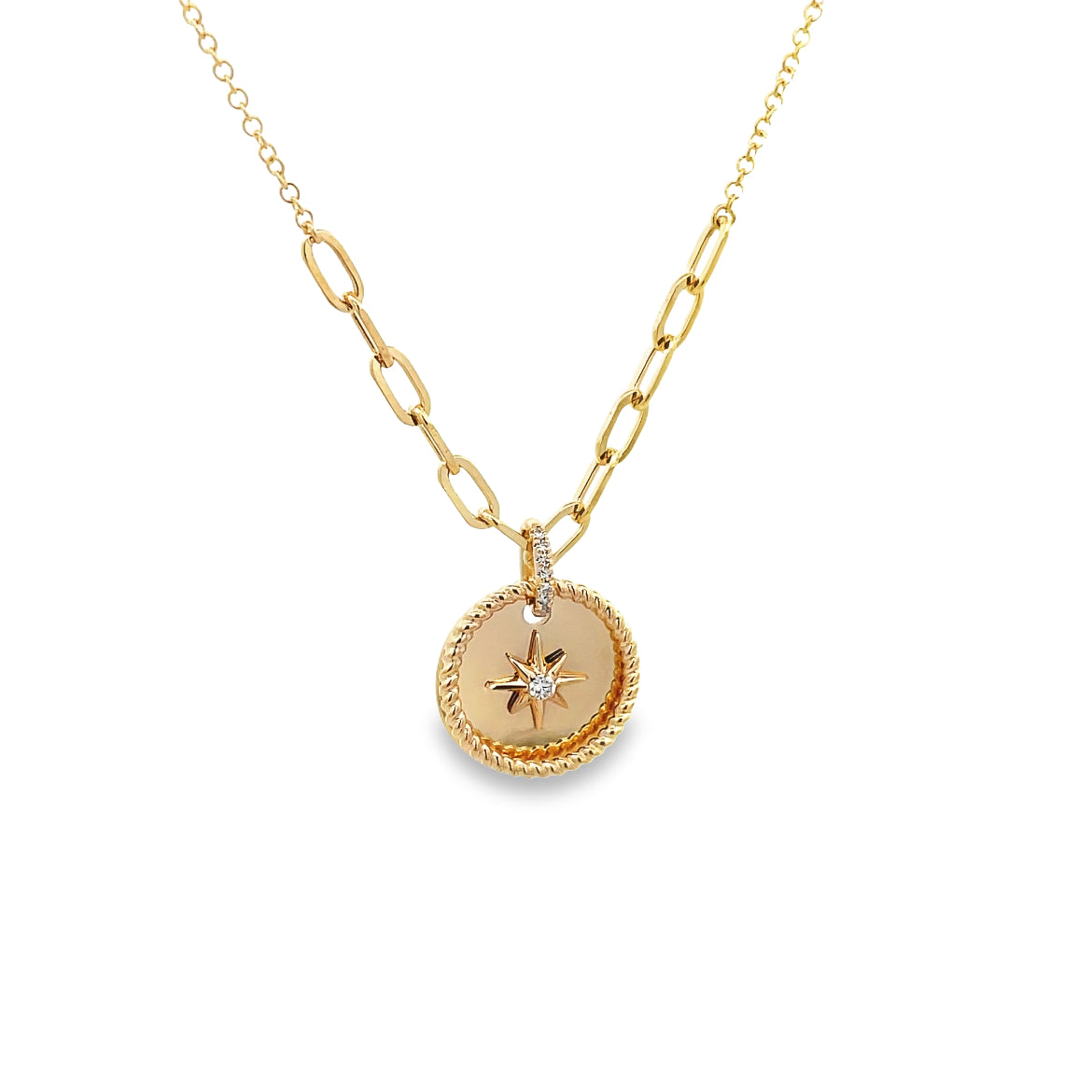 14K GOLD DIAMOND LINKS AND CIRCLES STAR NECKLACE