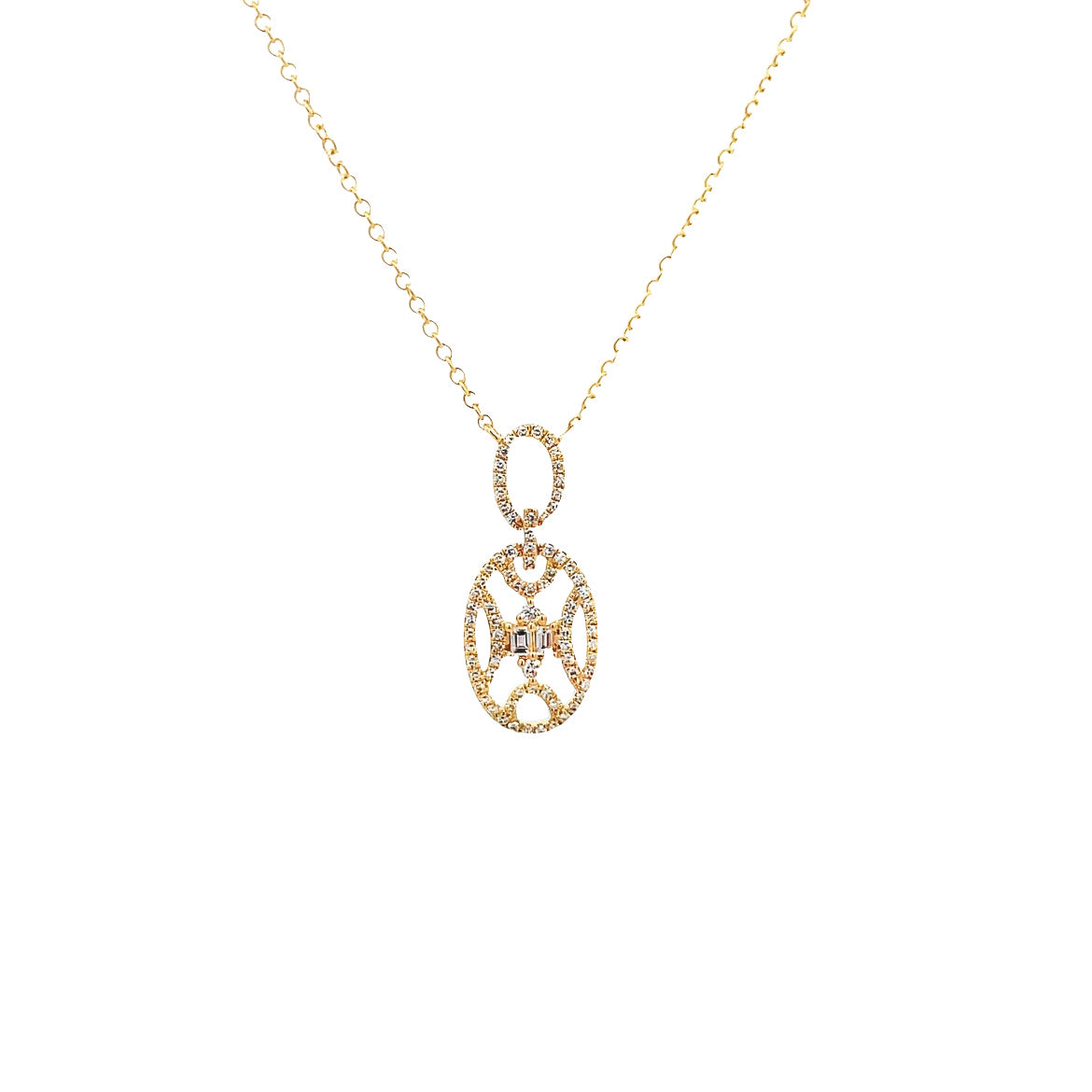 14K GOLD OVAL NECKLACE WITH BAGUETTE DIAMOND