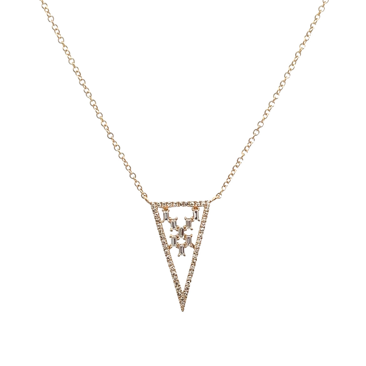 14K GOLD TRIANGLE NECKLACE WITH BAGUETTE DIAMONDS