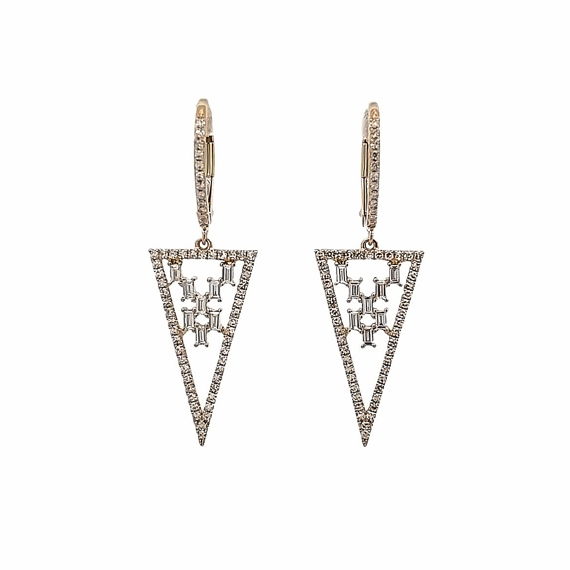 14K GOLD TRIANGLE EARRINGS WITH BAGUETTE DIAMONDS