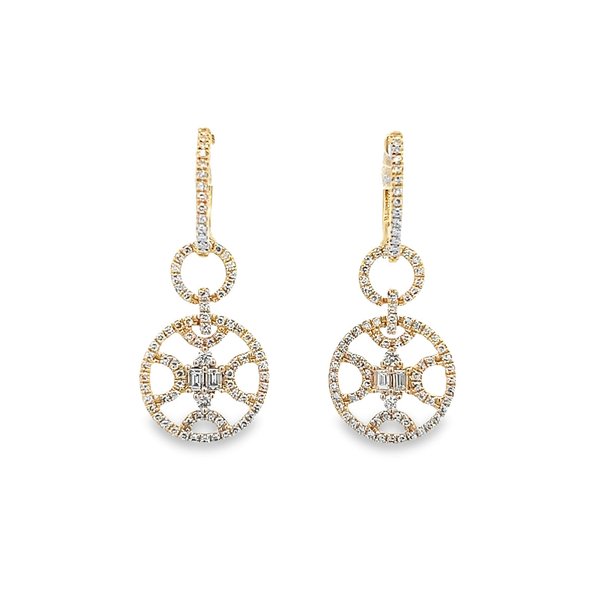 14K GOLD CIRCLE EARRINGS WITH BAGUETTE DIAMOND