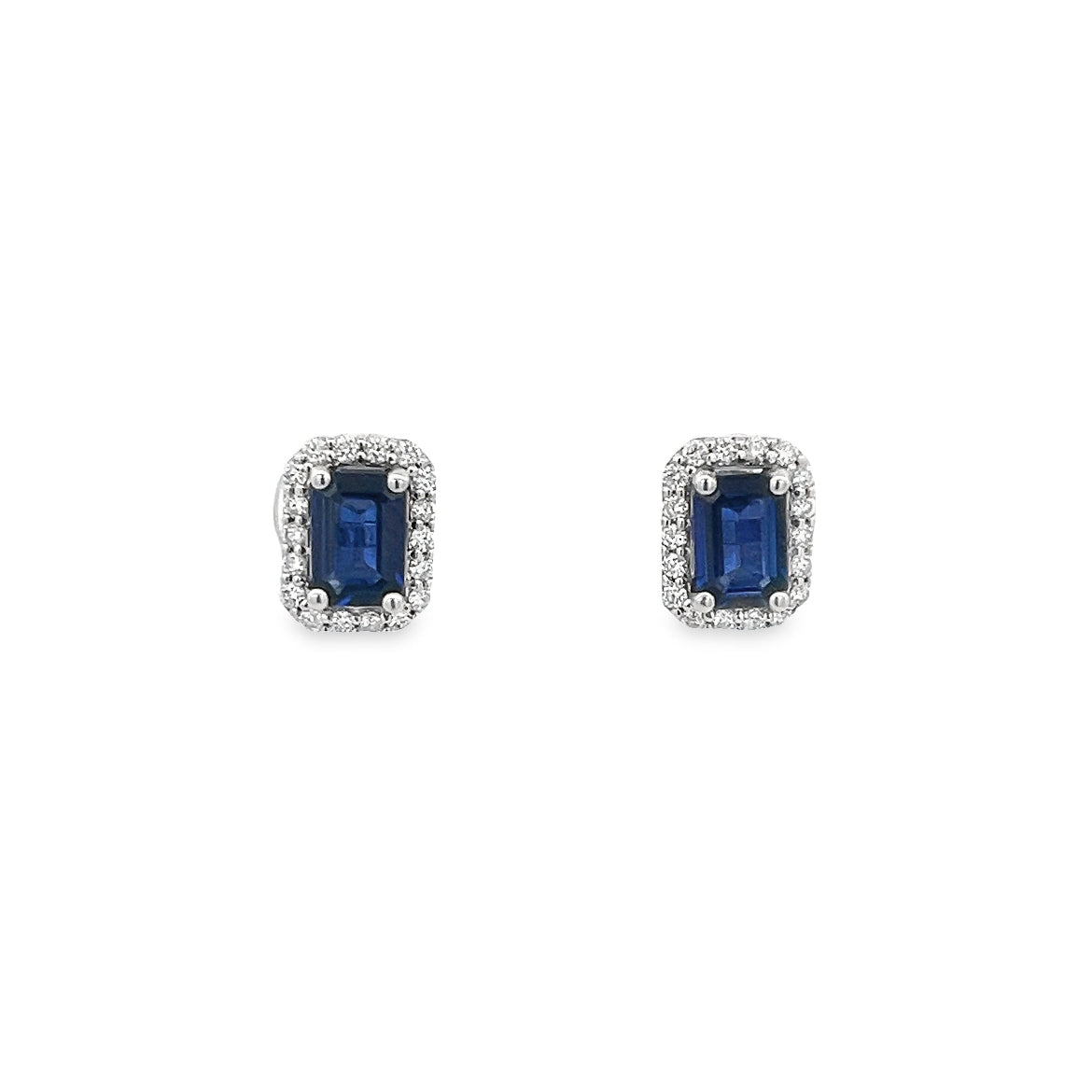 EMERALD CUT BLUE SAPPHIRE SURROUNDED BY DIAMOND  HALO STUD EARRINGS SET IN 14K WHITE GOLD