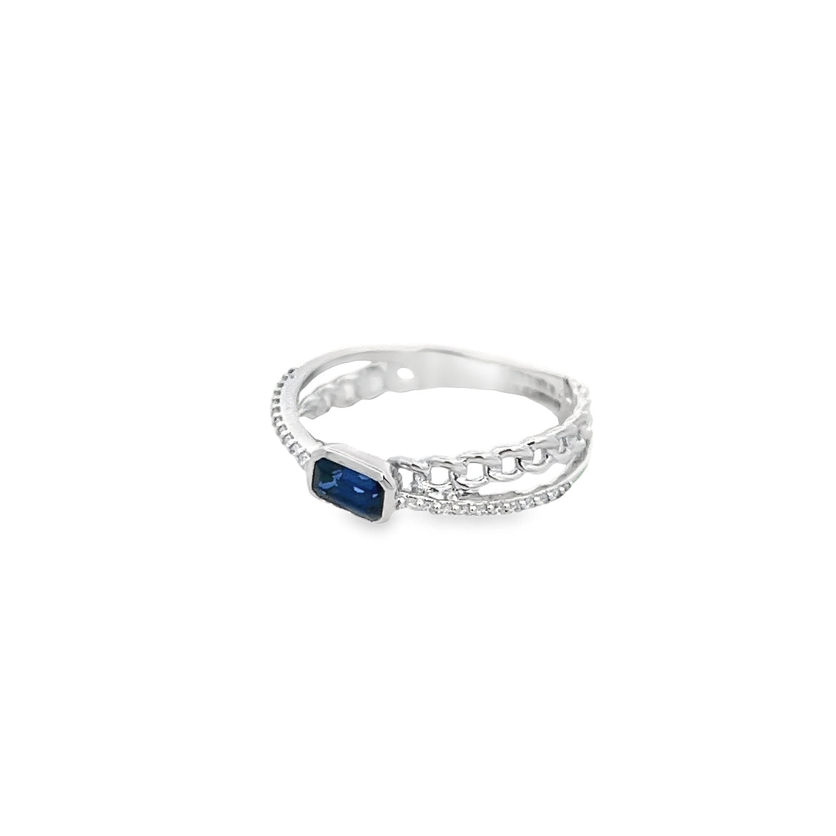 DIAMOND INFINITY RING WITH BLUE SAPPHIRE BAGUETTE CUT SET IN 14K WHITE GOLD