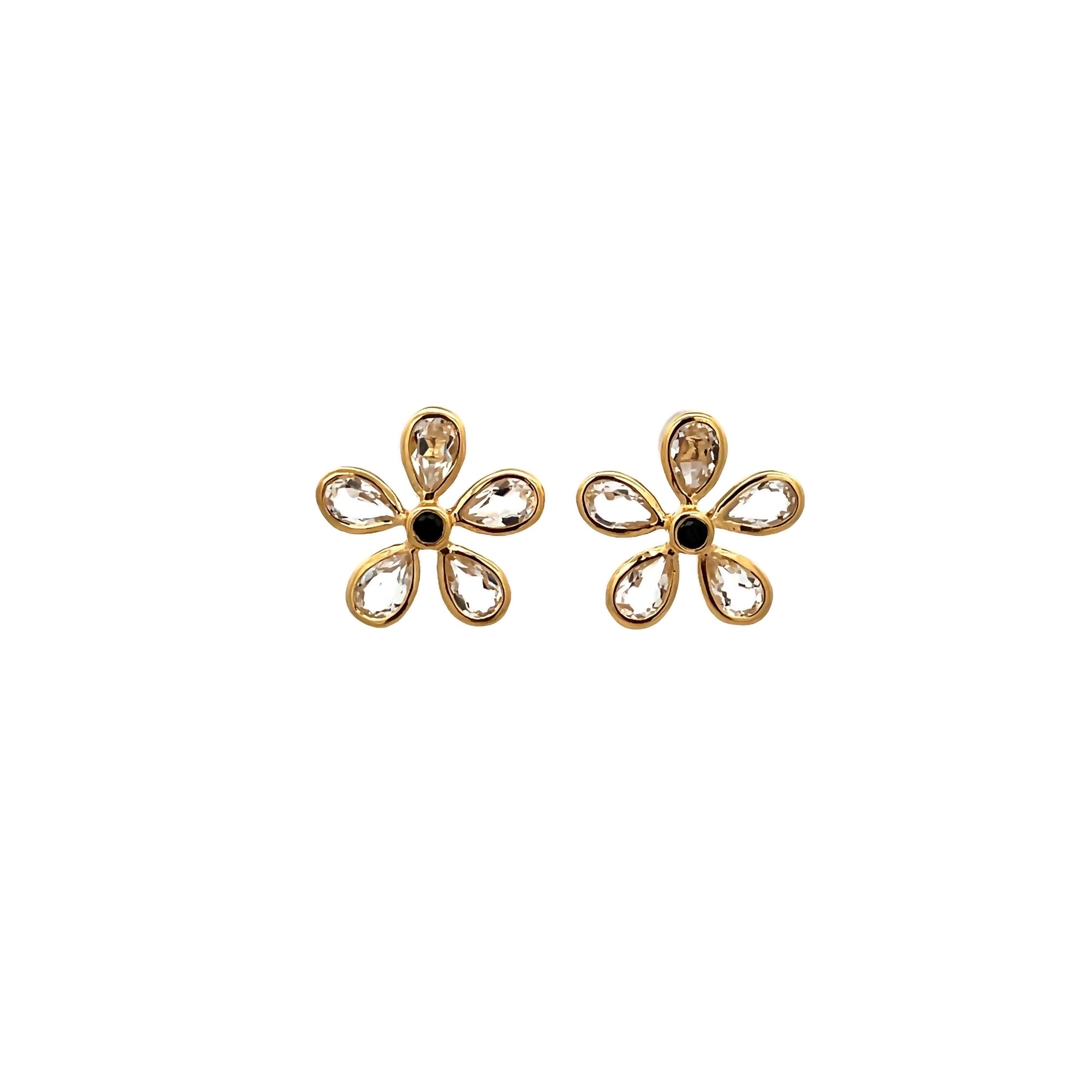 CRYSTAL ROCK AND BLACK SPINEL FLOWER EARRINGS SET IN 925 GOLD PLATED