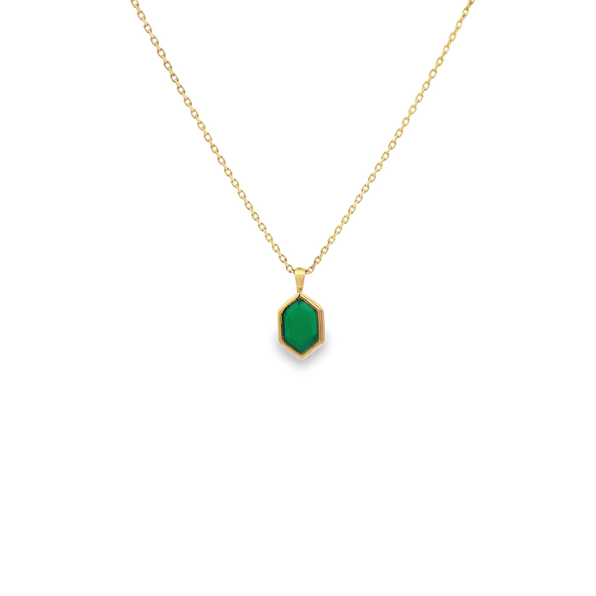 GREEN ONYX HEXAGONAL BEZEL NECKLACE SET IN 925 GOLD PLATED