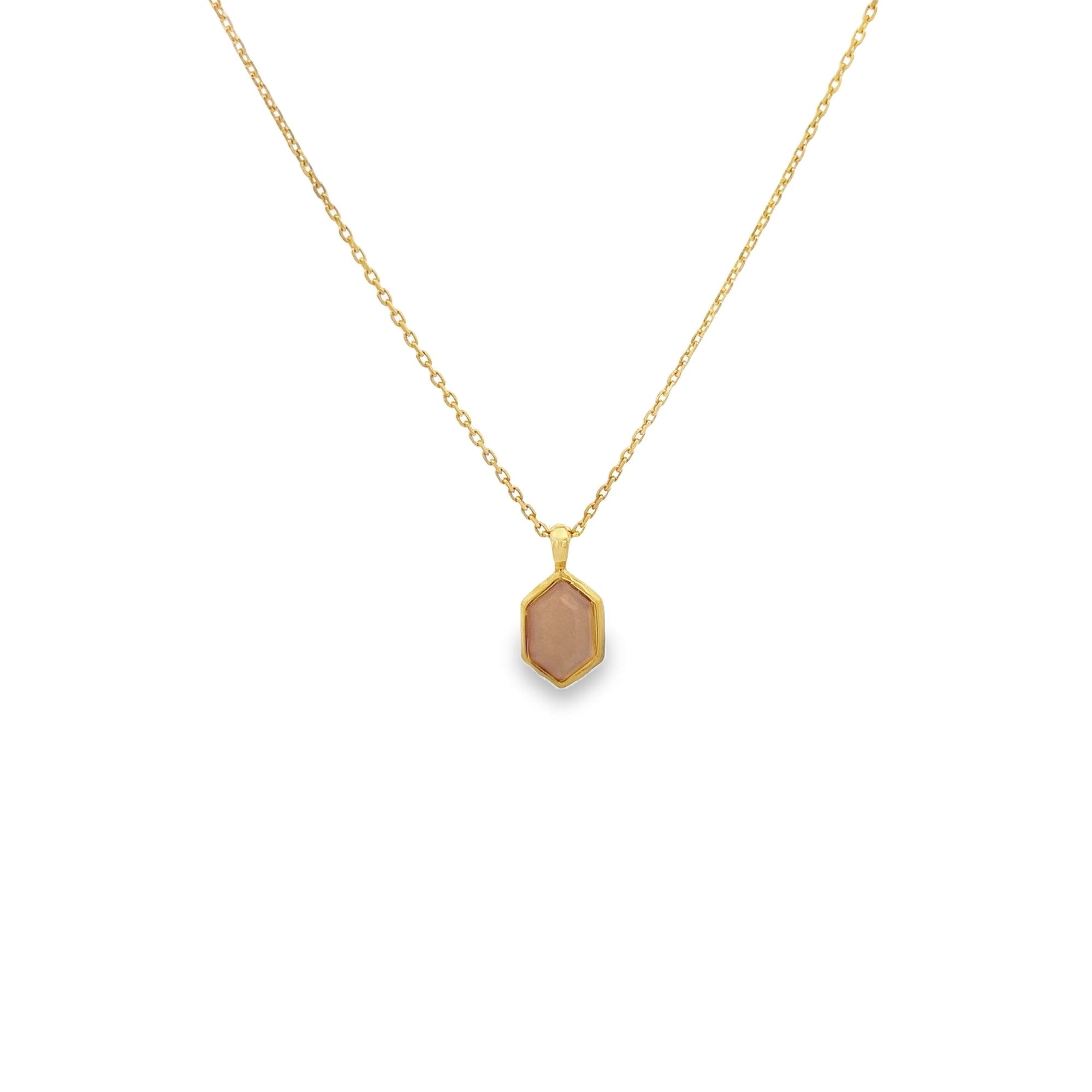 PEACH MOONSTONE HEXAGONAL BEZEL NECKLACE SET IN 925 GOLD PLATED