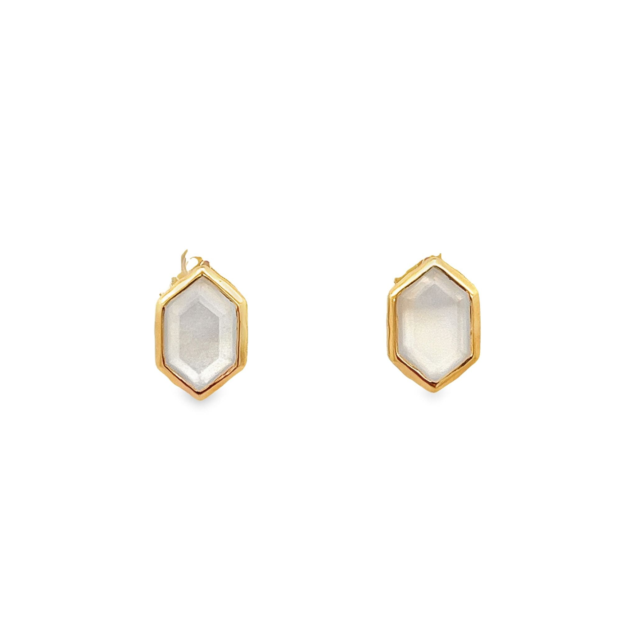 WHITE MOONSTONE HEXAGONAL  BEZEL EARRINGS SET IN 925 GOLD PLATED