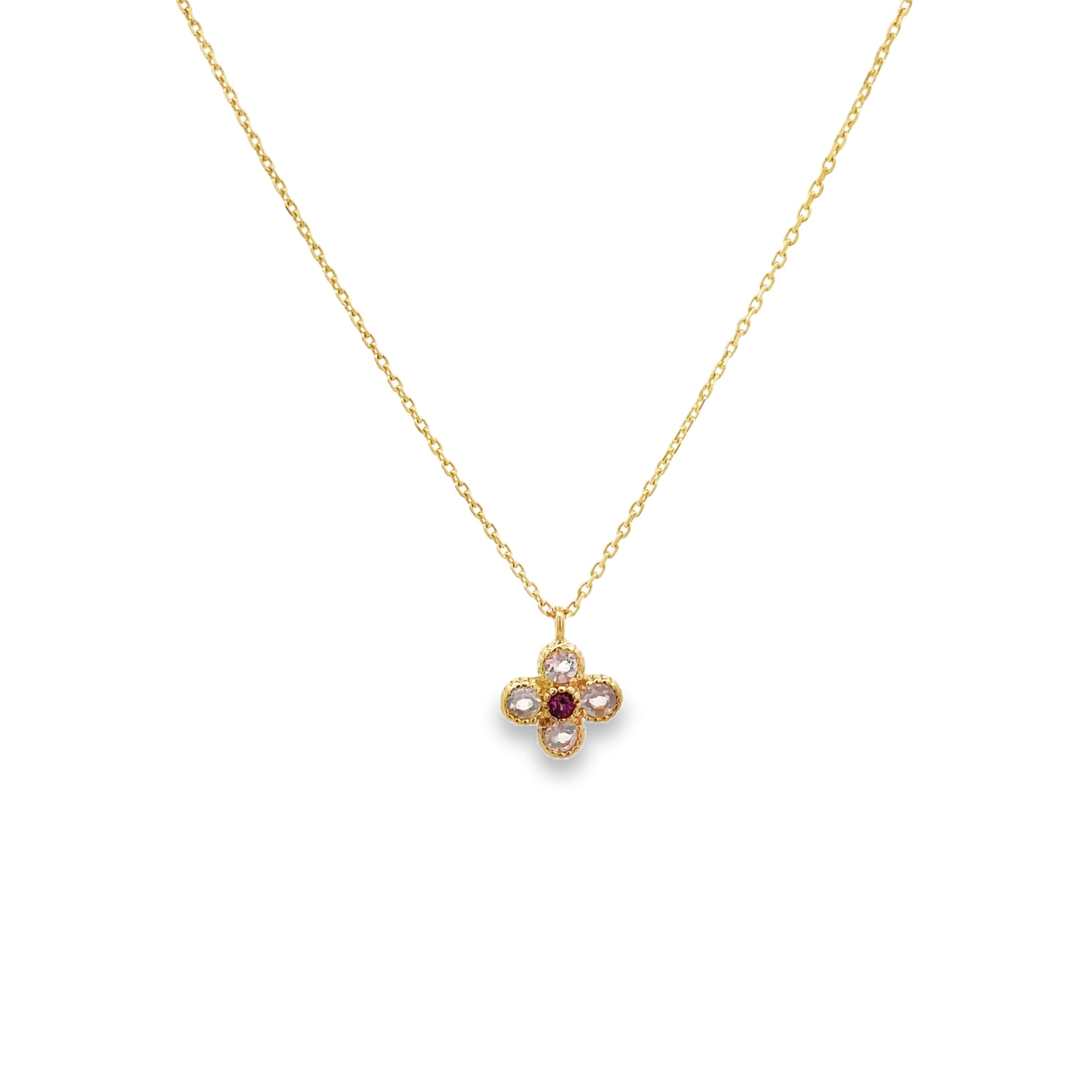 ROSE QUART AND GARNET FLOWER NECKLACE SET IN 925 GOLD PLATED