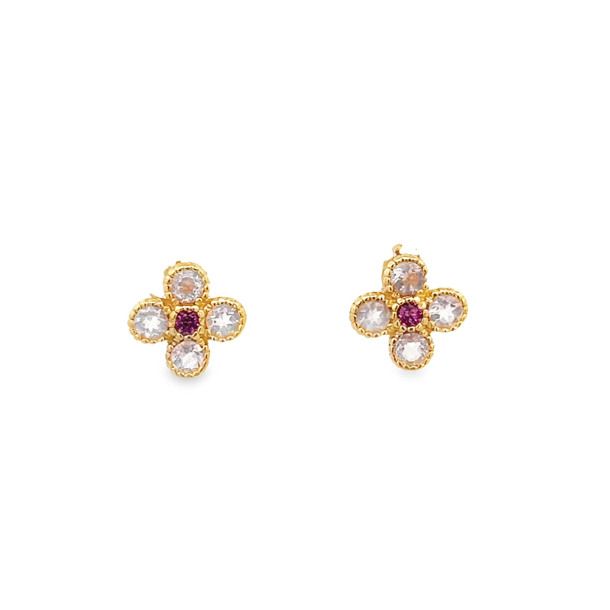 ROSE QUARTZ AND GARNET FLOWER EARRING SET IN 925 GOLD PLATED