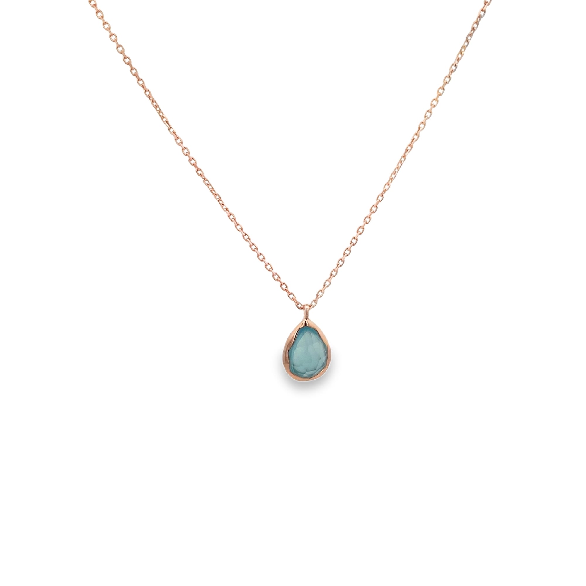 BLUE CHALCEDONY BEZEL NECKLACE SET IN 925 ROSE GOLD PLATED