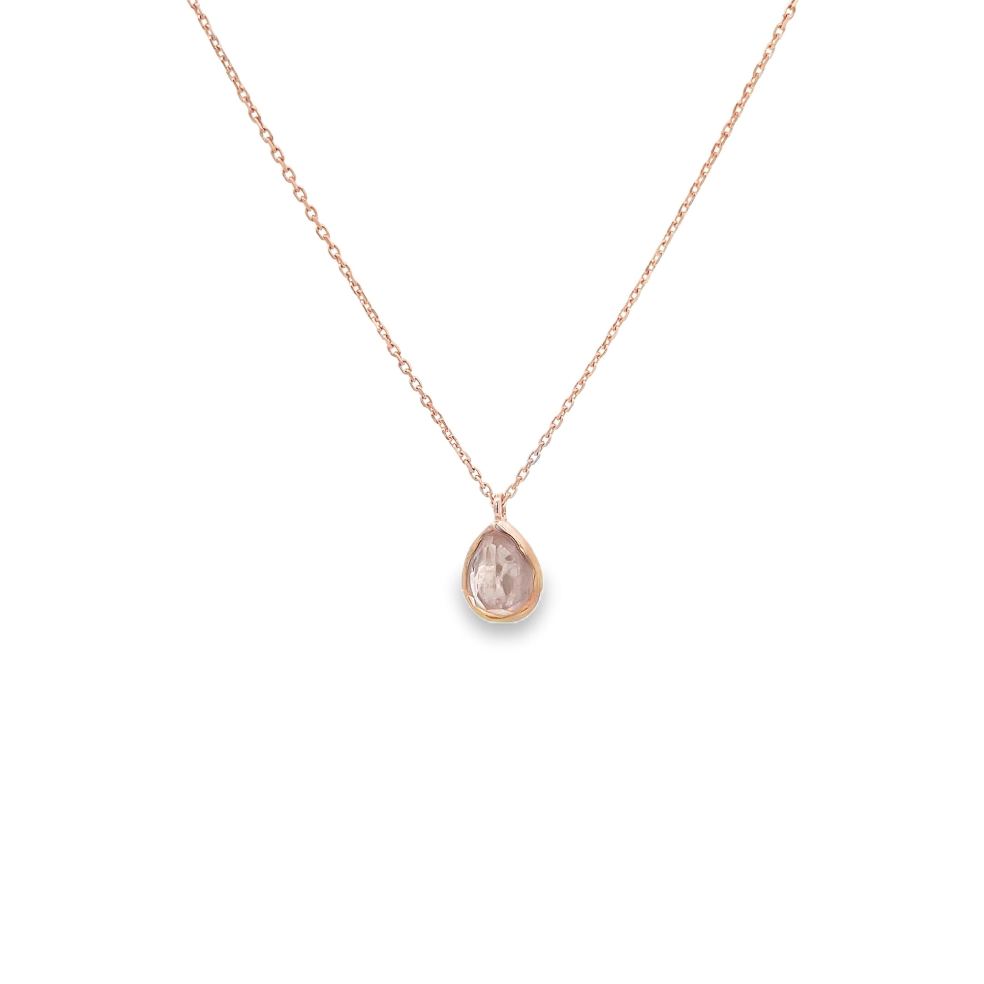 ROSE QUARTZ PEAR SHAPE BEZEL NECKLACE SET IN 925 ROSE GOLD PLATED