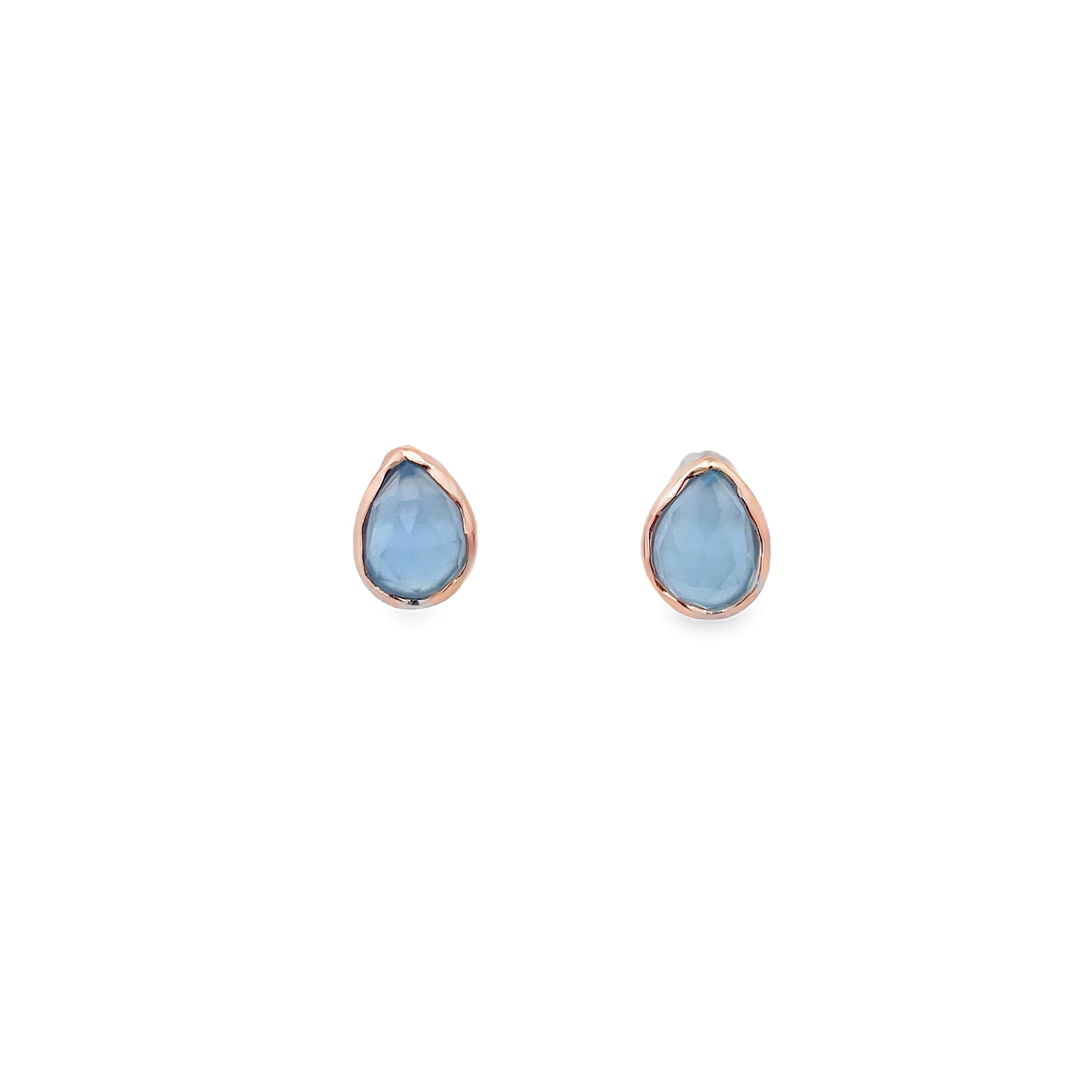 BLUE CHALCEDONY PEAR SHAPE BEZEL EARRINGS SET IN 925 ROSE GOLD PLATED