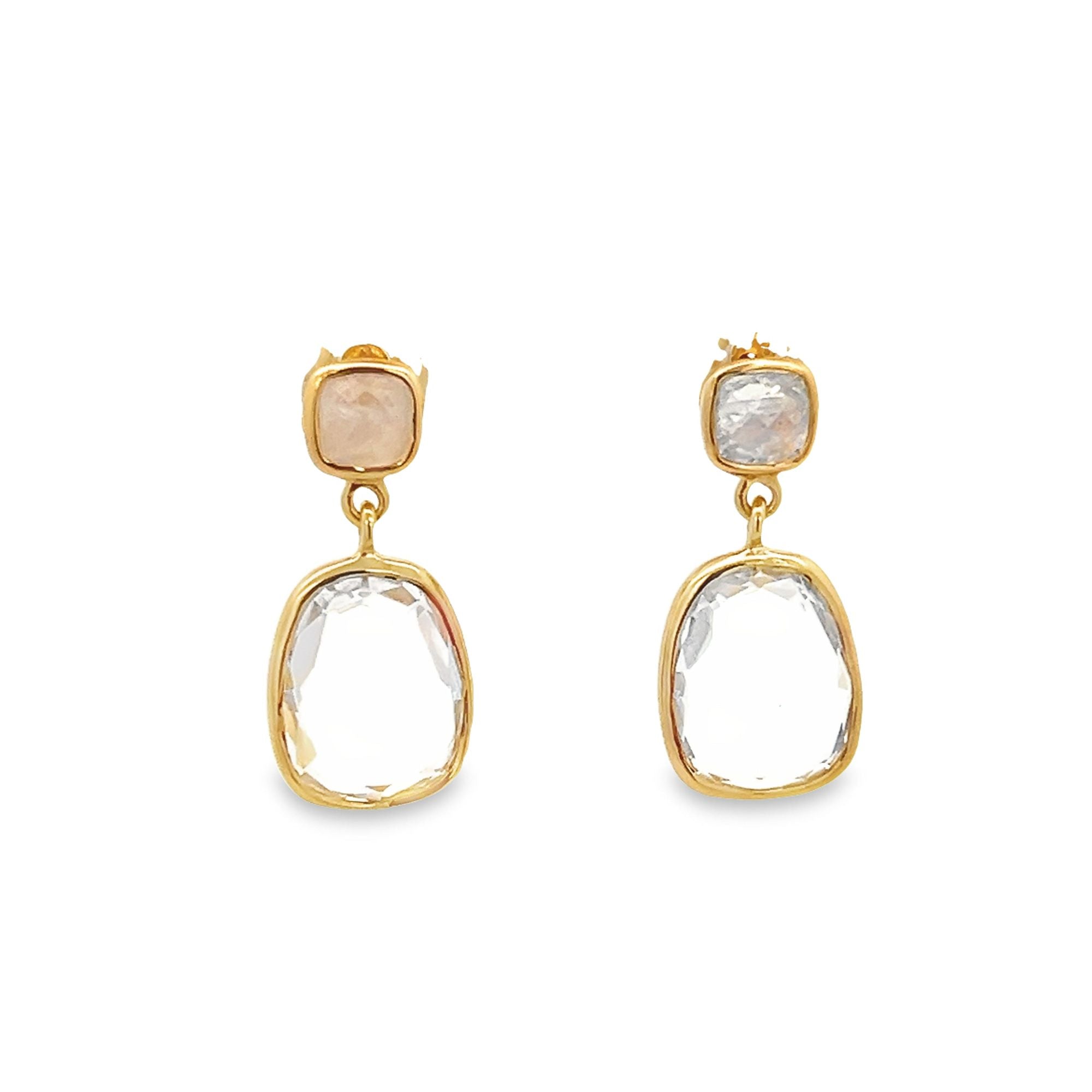 MOONSTONE AND CRYSTAL BEZEL EARRINGS SET IN 925 GOLD PLATED