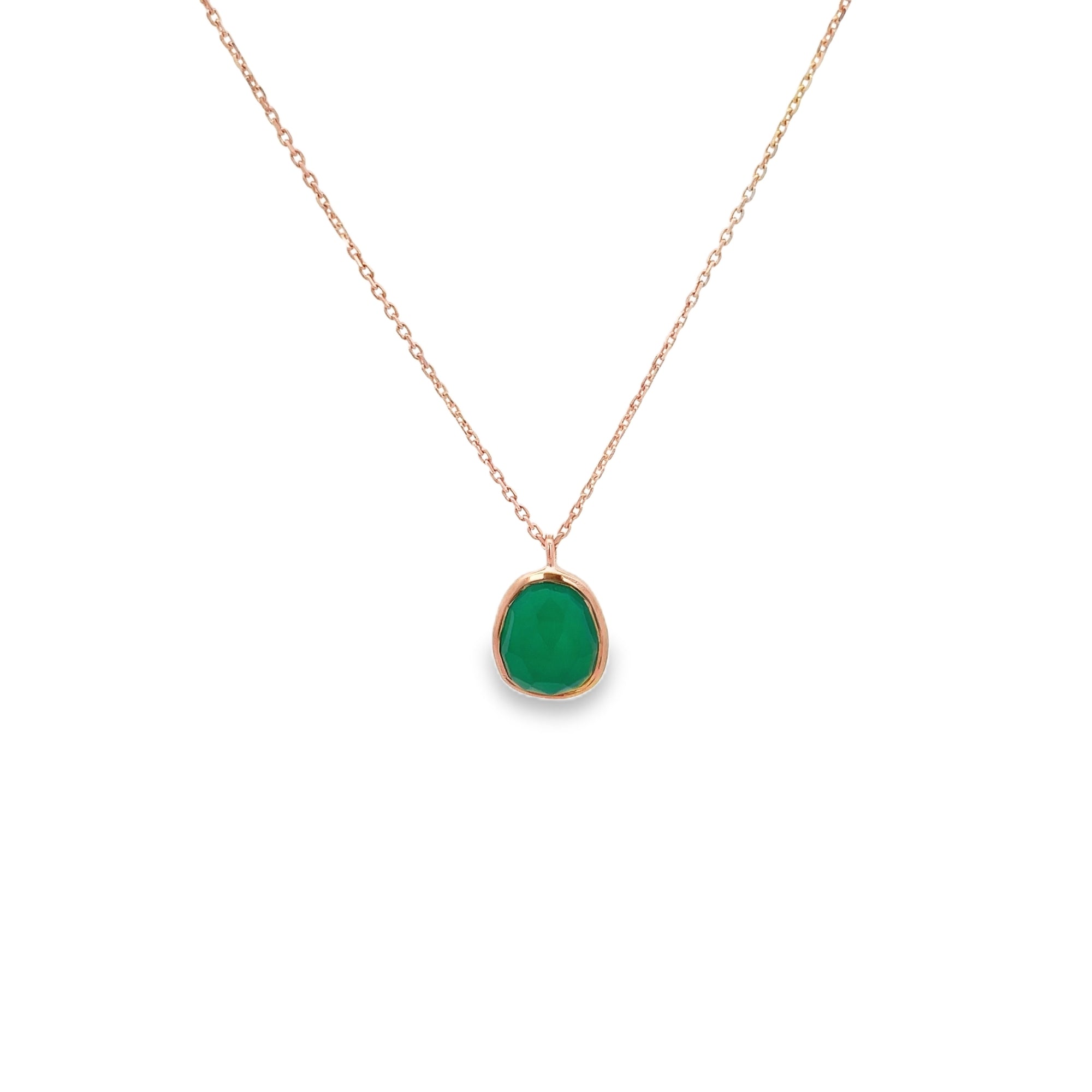 IRREGULAR GREEN ONYX BEZEL PENDANT NECKLACE SET IN 925 ROSE GOLD PLATED