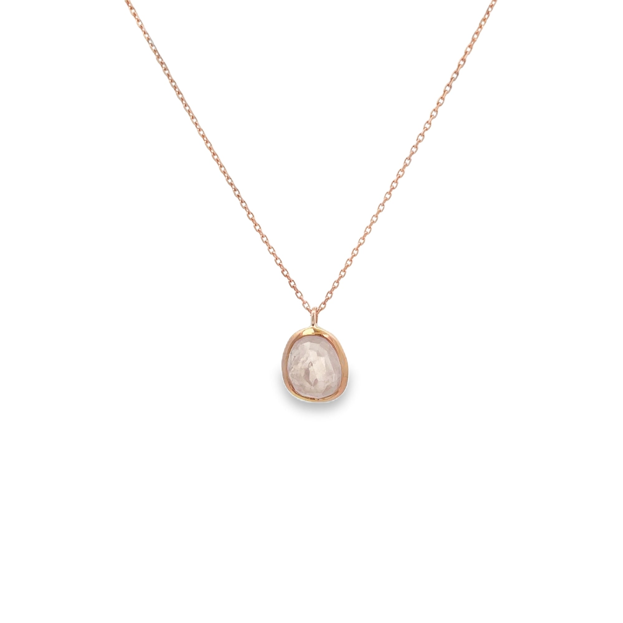 IRREGULAR ROSE QUARTZ PENDANT NECKLACE SET IN 925 ROSE GOLD PLATED