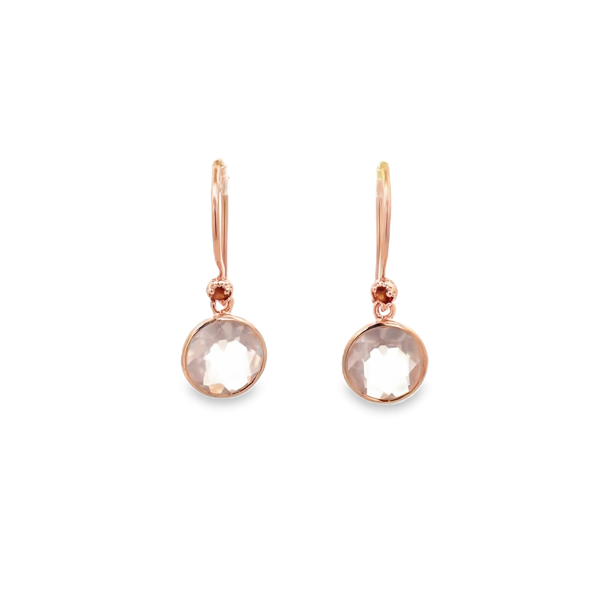 ROSE QUARTZ BEZEL WITH GARNET DROP EARRINGS SET IN 925 ROSE GOLD PLATED