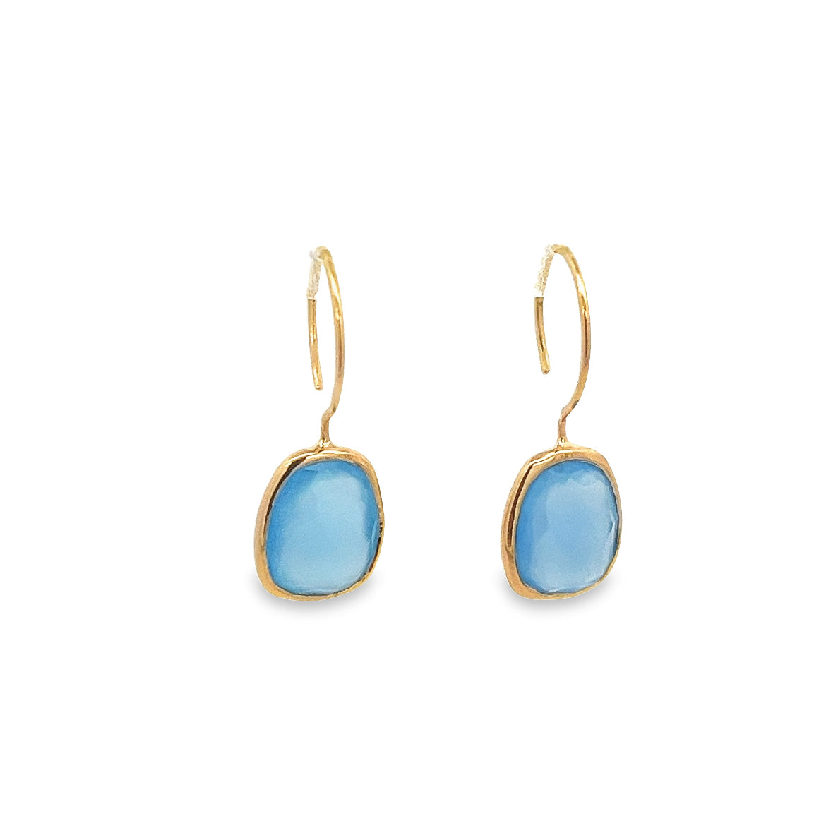 IRREGULAR BEZEL BLUE CHALCEDONY EARRING SET IN 925 GOLD PLATED