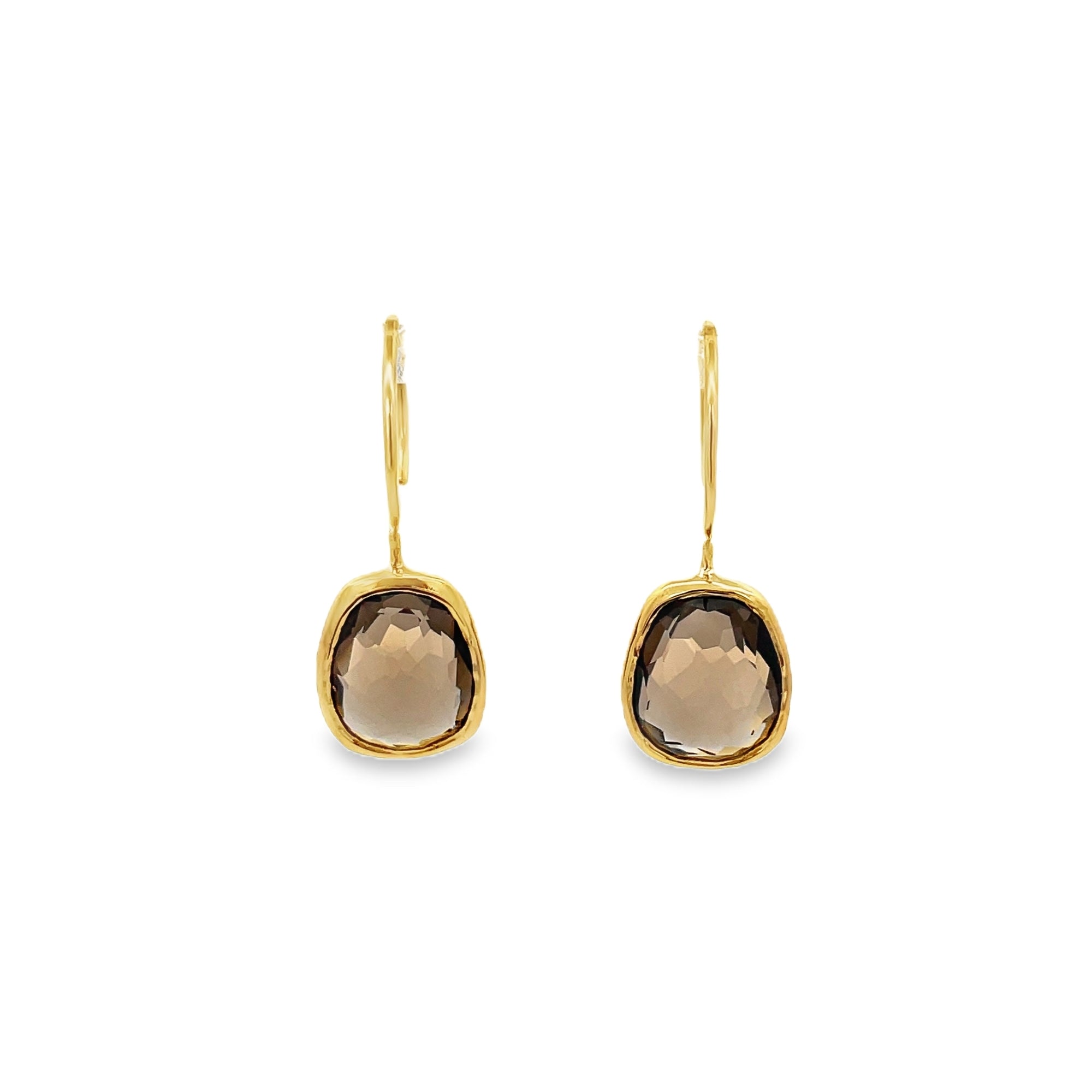 OVAL SMOKY QUARTZ IRREGULAR EARRINGS SET IN 925 GOLD PLATED