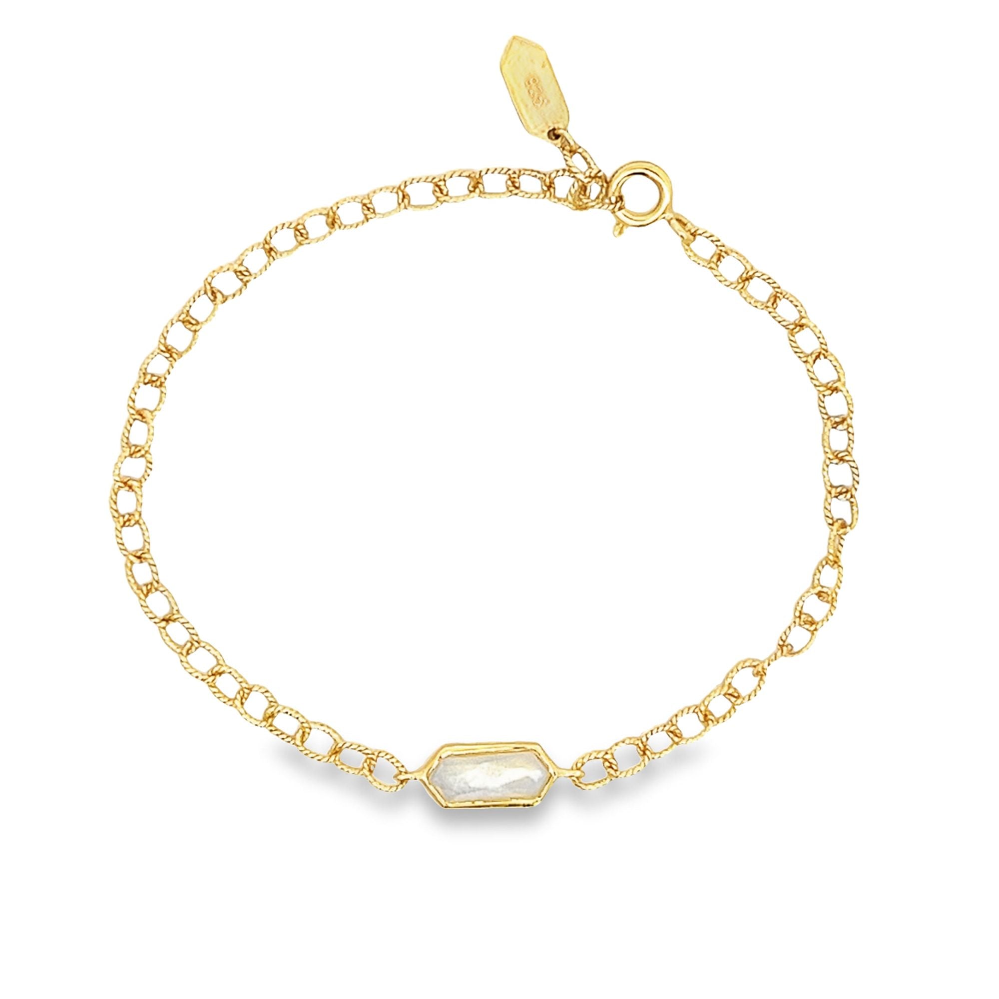 WHITE MOONSTONE BEZEL LINK CHAIN BRACELET SET IN 925 GOLD PLATED