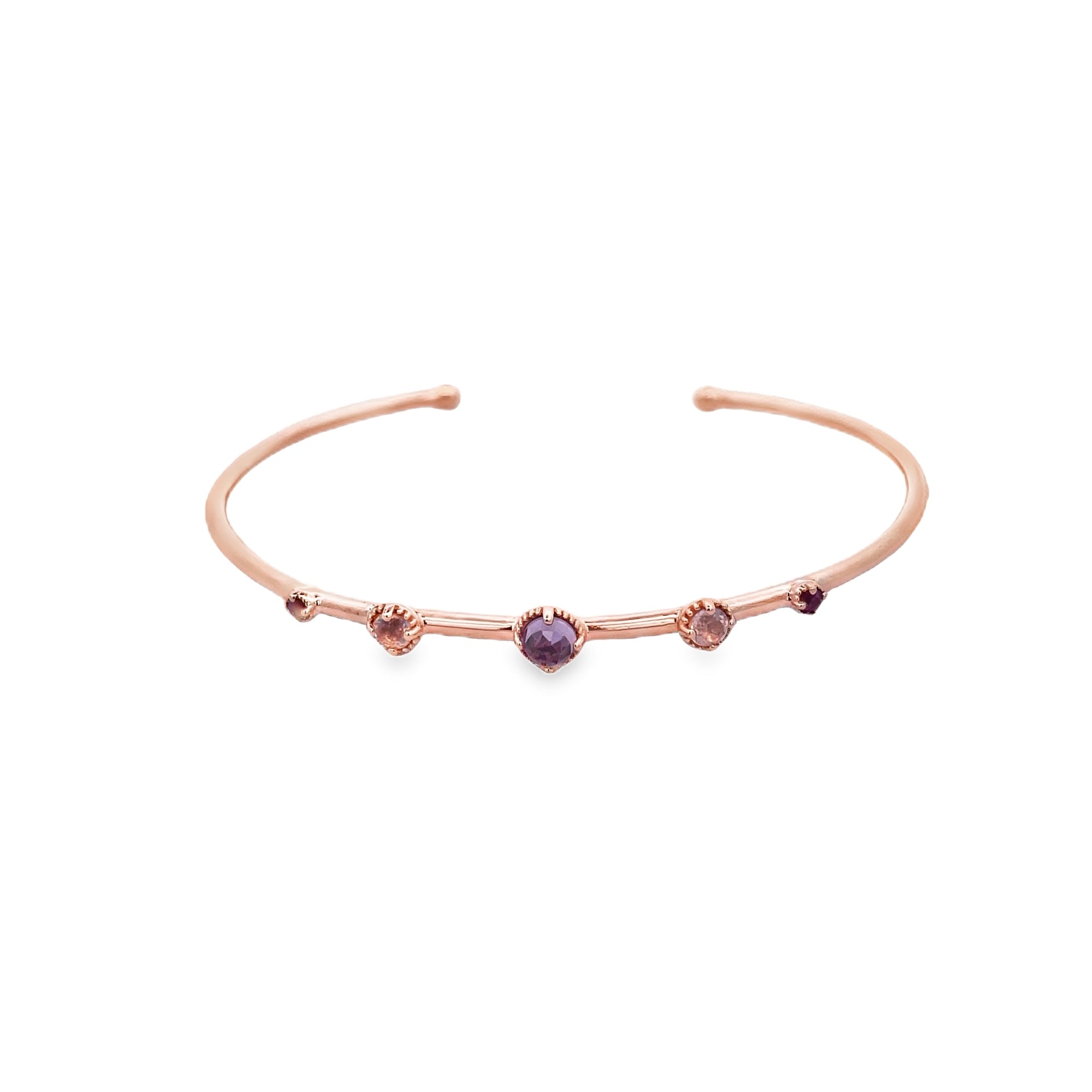 AMETHYST, ROSE QUARTZ AND GARNET RHODOLITE OPEN CUFF BANGLE SET IN 925 ROSE GOLD PLATED