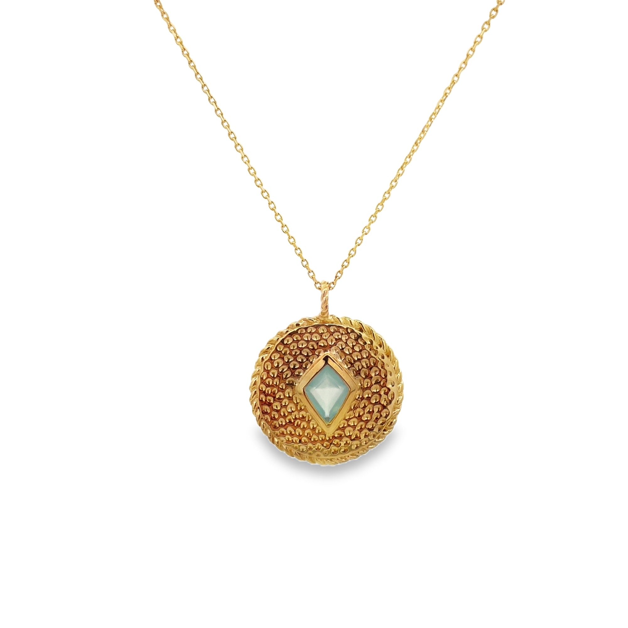 AQUA CHALCEDONY COIN NECKLACE SET IN 925 GOLD PLATED