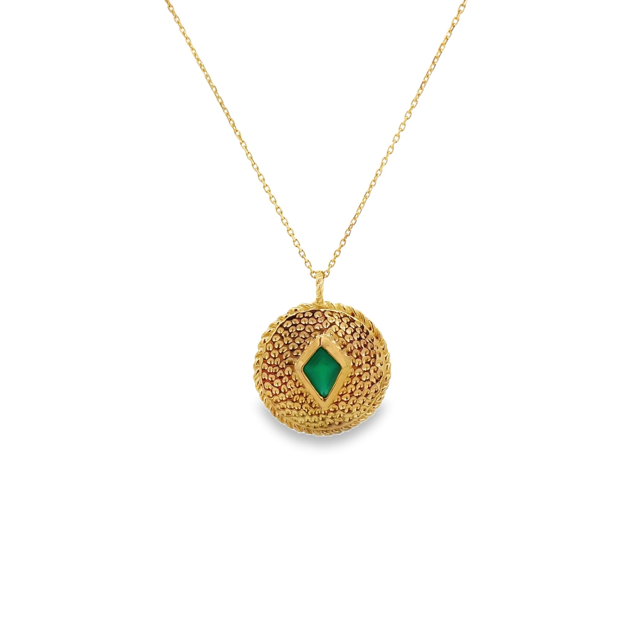 GREEN ONYX COIN NECKLACE SET IN 925 GOLD PLATED