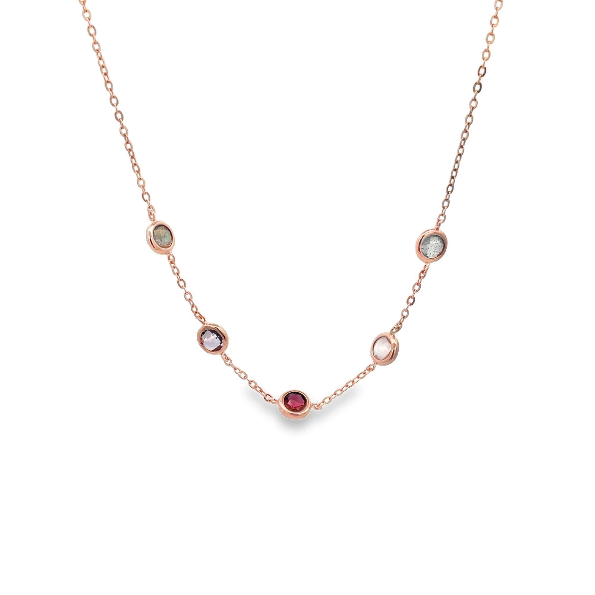 GARNET, AMETHYST AND ROSE QUARTZ RHODOLITE NECKLACE SET IN 925 ROSE GOLD PLATED