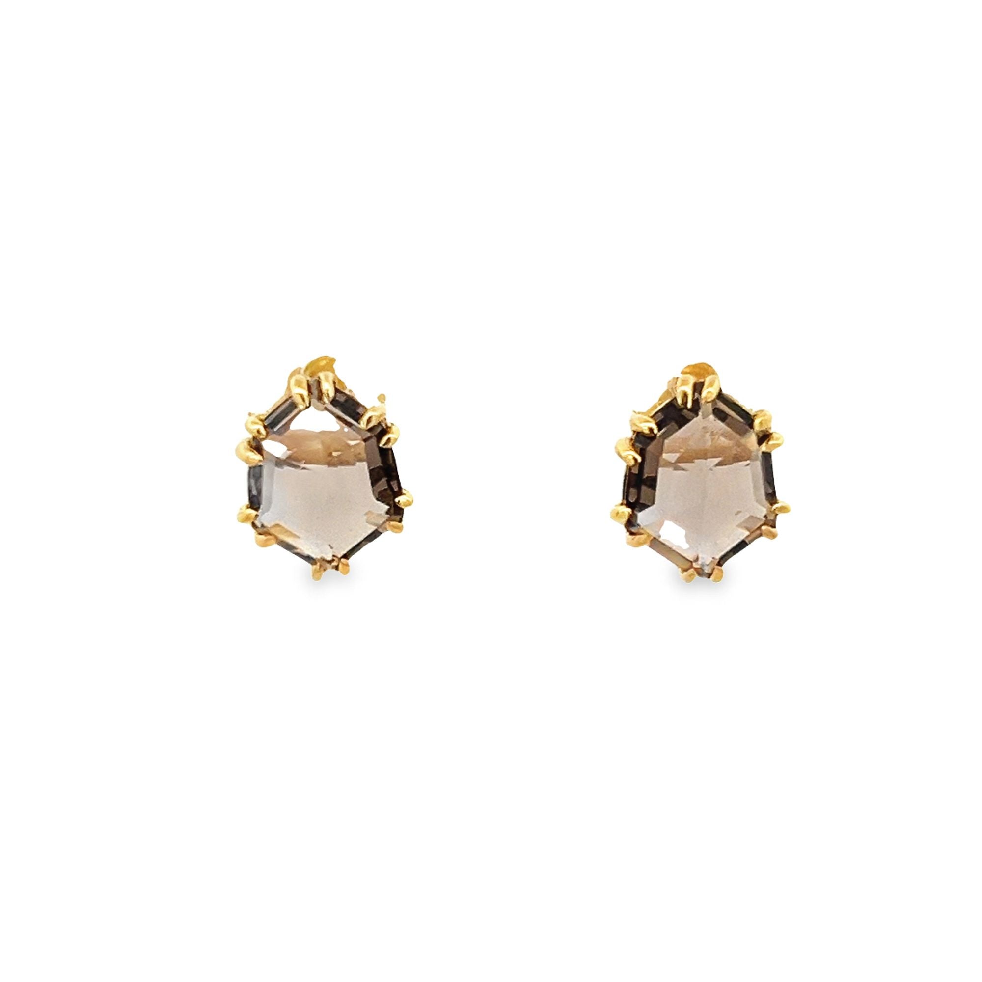 HEXAGONAL SMOKY QUARTZ EARRINGS SET IN 925 GOLD PLATED