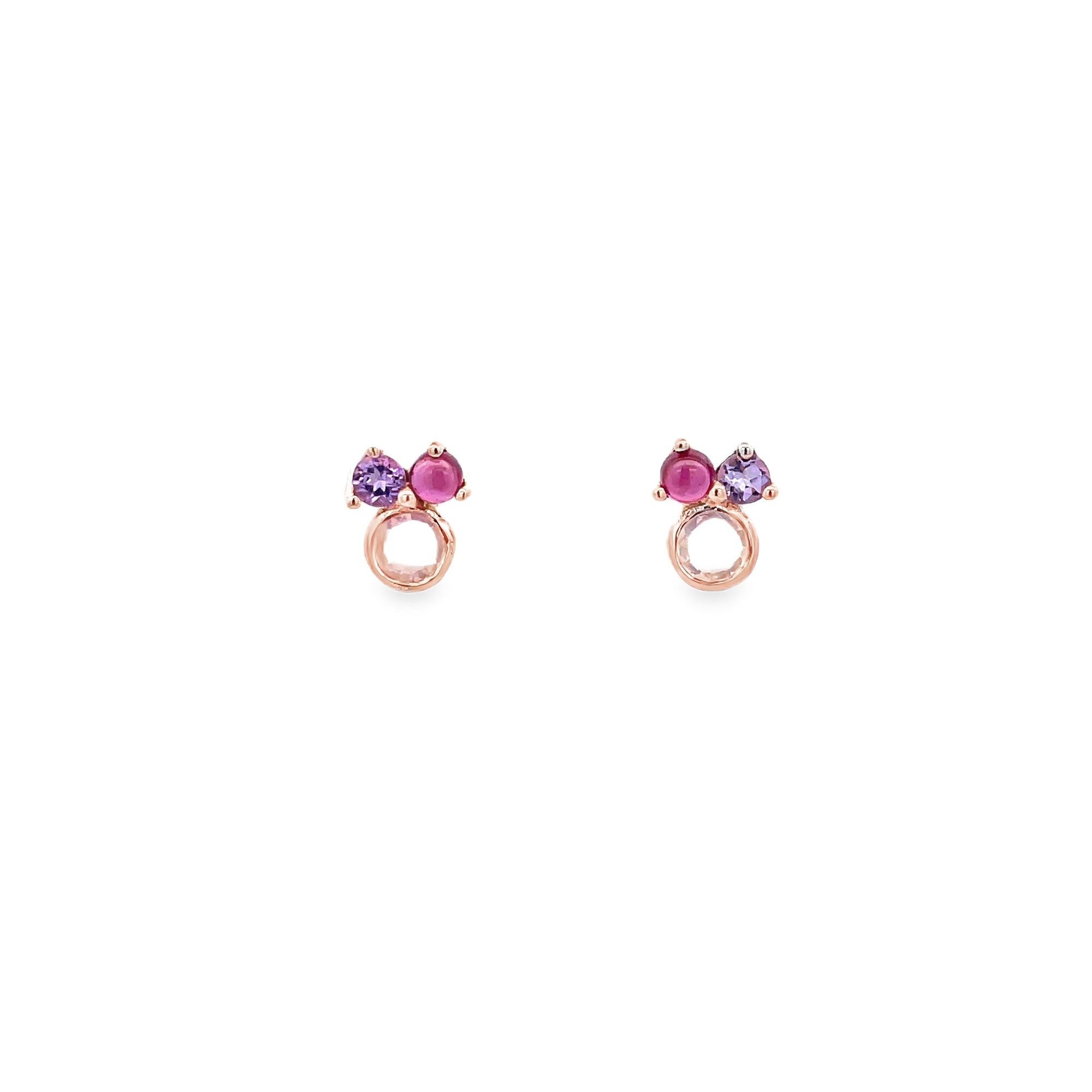 ROSE QUARTZ, AMETHYST AND GARNET RHODOLITE EARRINGS SET IN 925 ROSE GOLD PLATED