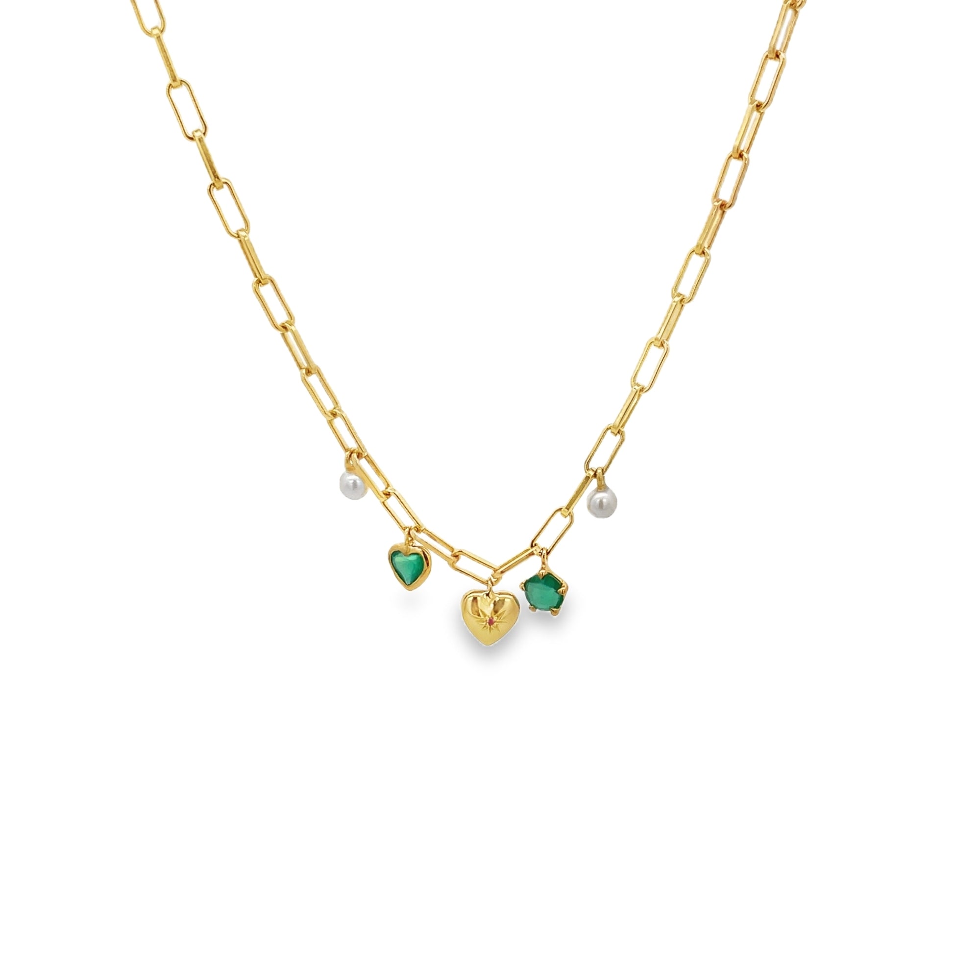 GREEN ONYX, RUBY AND PEARL MULTI CHARM PAPER CLIP NECKLACE SET IN 925 GOLD PLATED