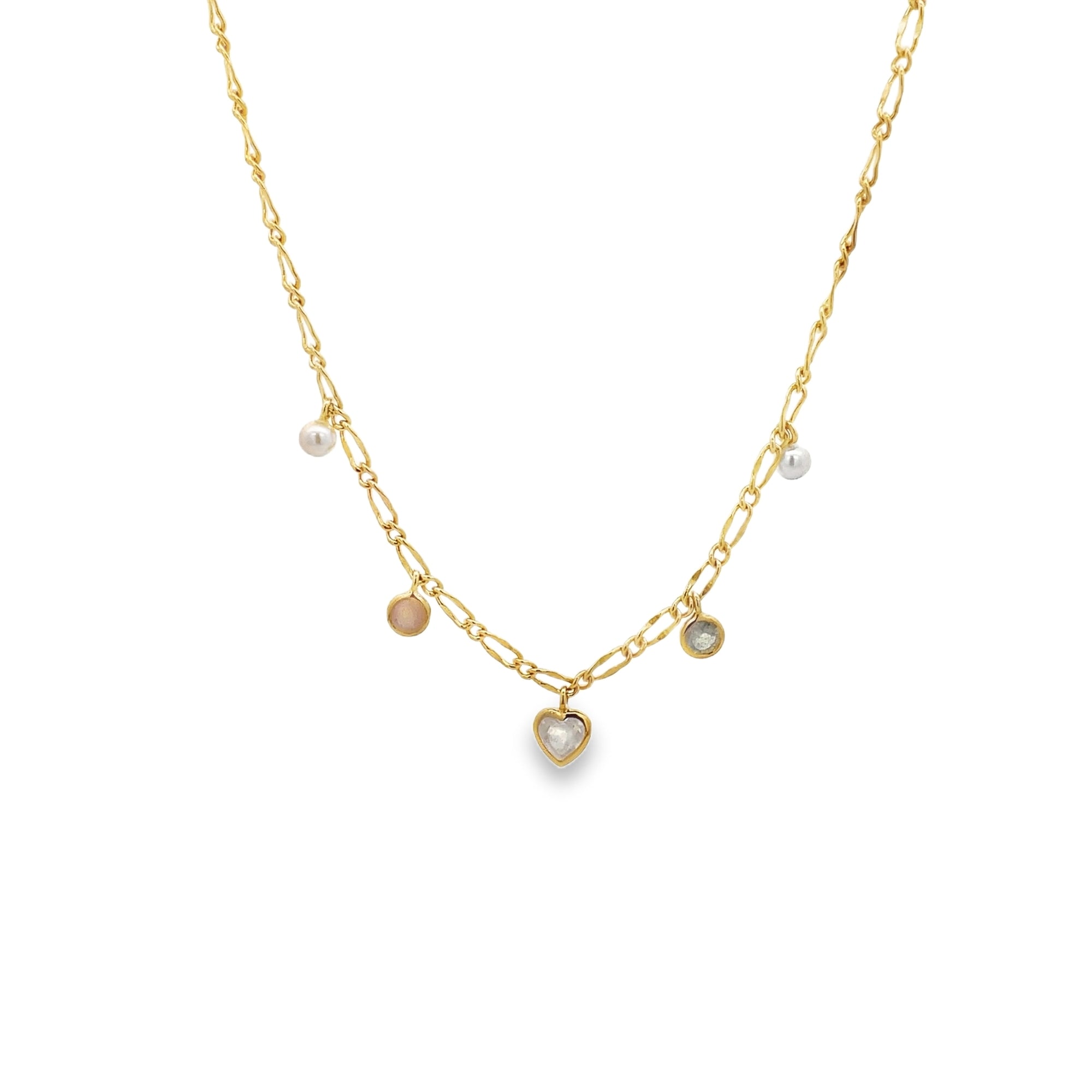 MOONSTONE, PEARL AND LABRADORITE MULTI CHARM NECKLACE SET IN 925 GOLD PLATED