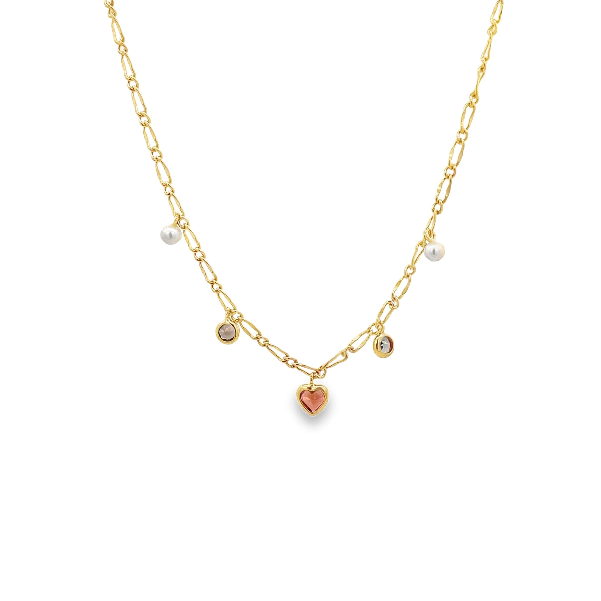 GARNET, PEARL AND QUARTZ MULTI CHARM LINK NECKLACE SET IN 925 GOLD PLATED